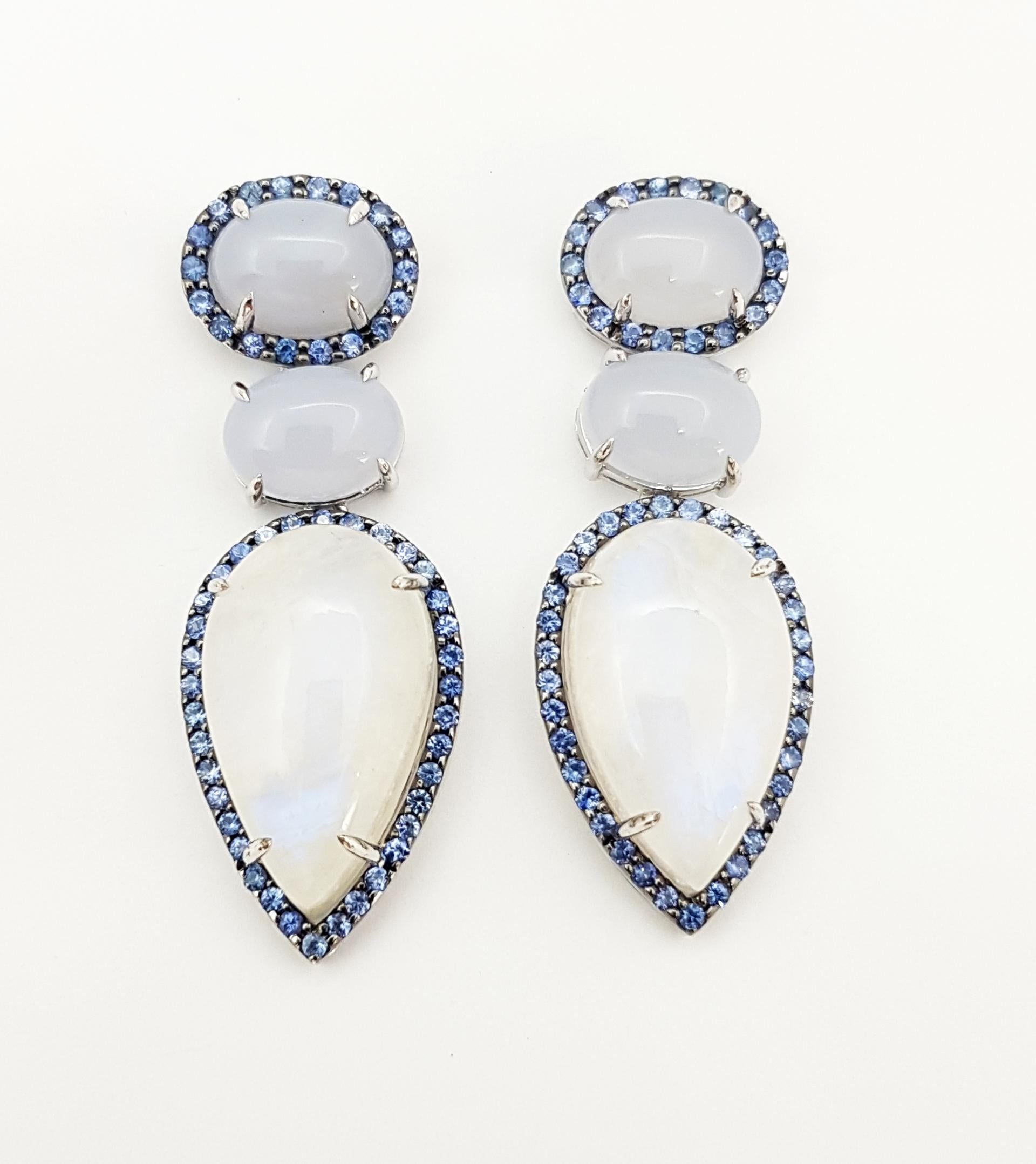 Mixed Cut Chalcedony, Moonstone and Blue Sapphire Earrings set in Silver Settings For Sale