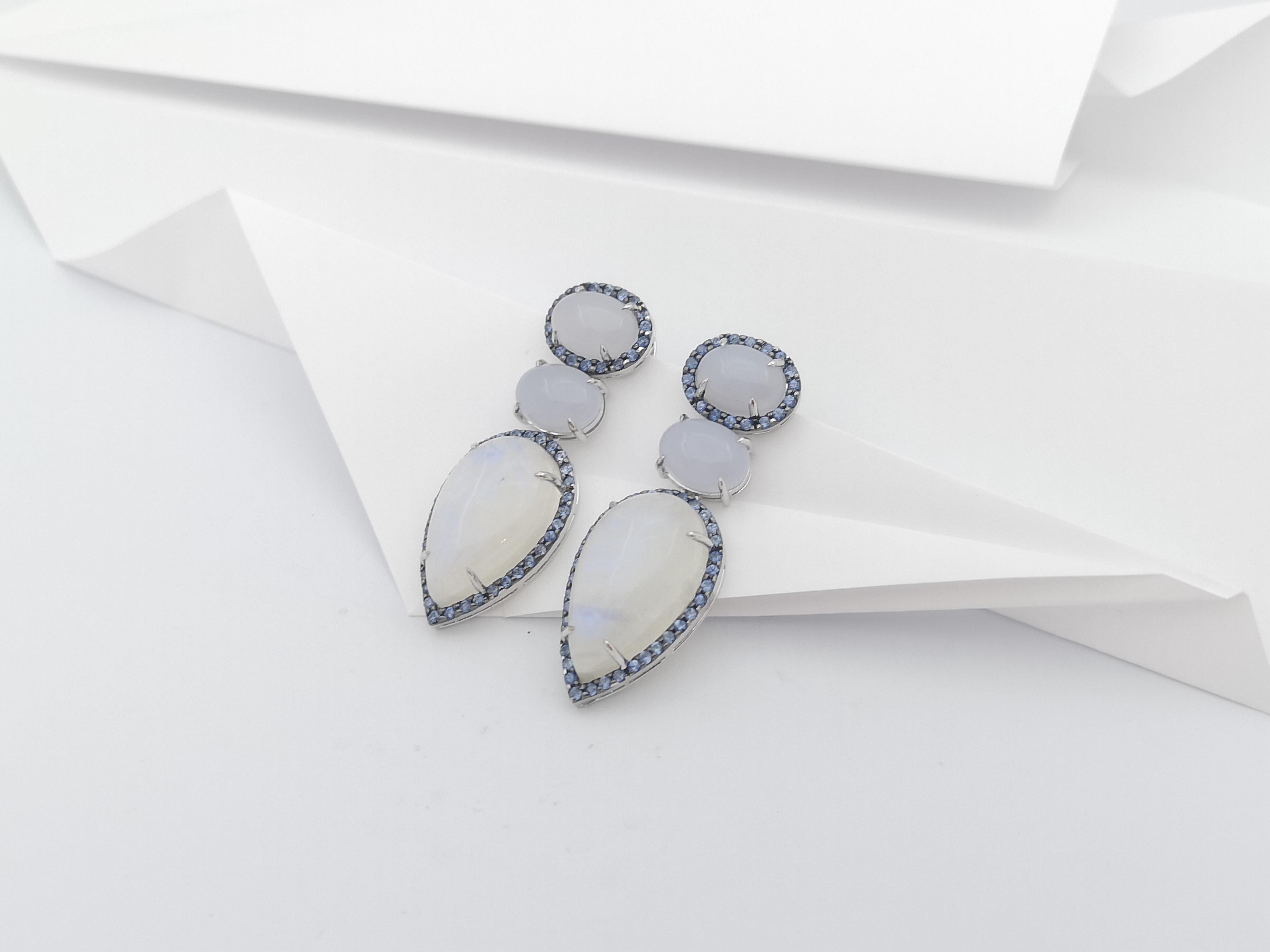 Women's Chalcedony, Moonstone and Blue Sapphire Earrings set in Silver Settings For Sale