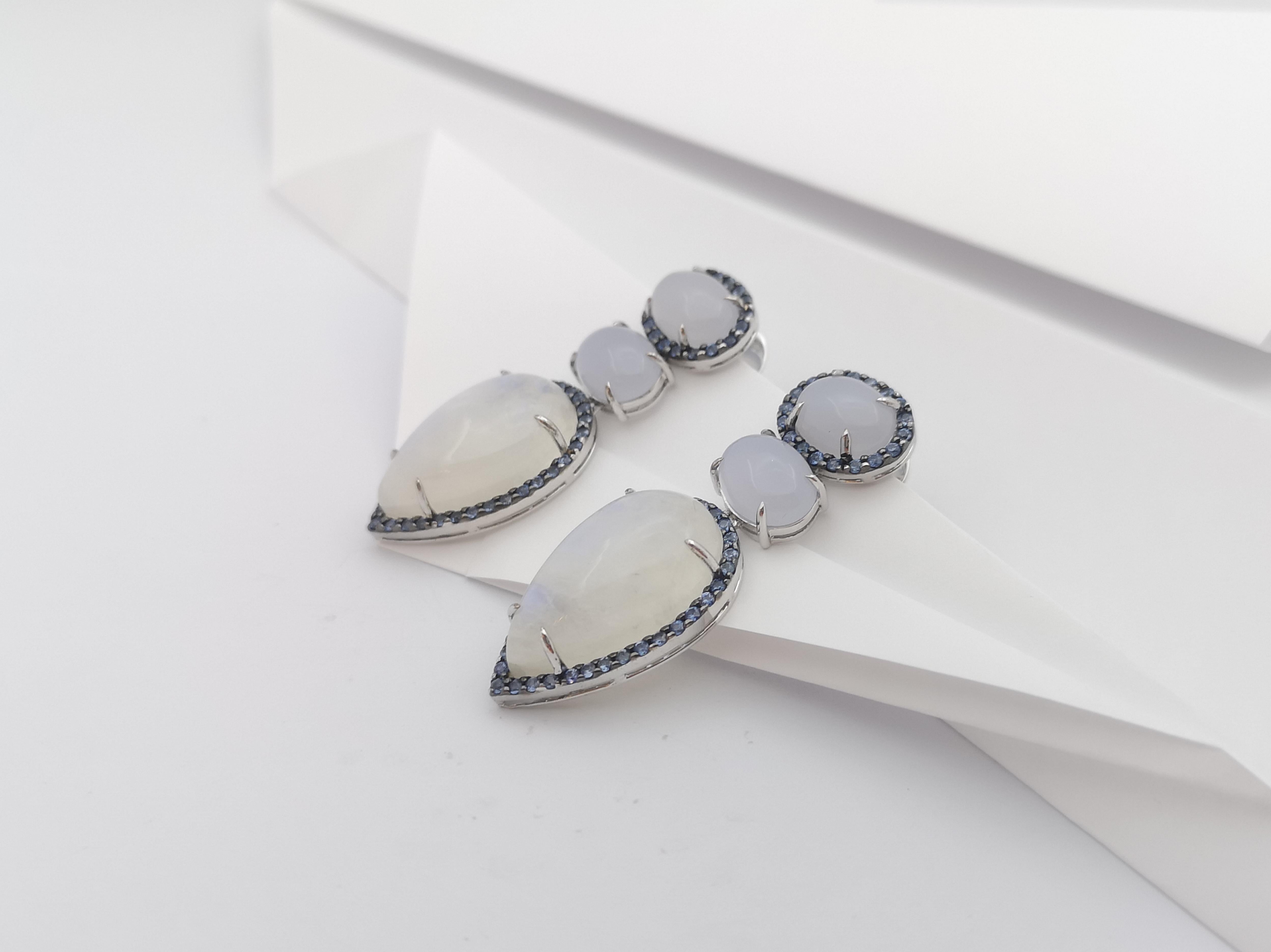 Chalcedony, Moonstone and Blue Sapphire Earrings set in Silver Settings For Sale 1