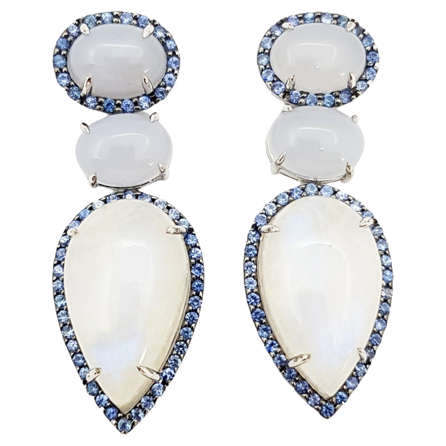 Chalcedony, Moonstone and Blue Sapphire Earrings set in Silver Settings For Sale