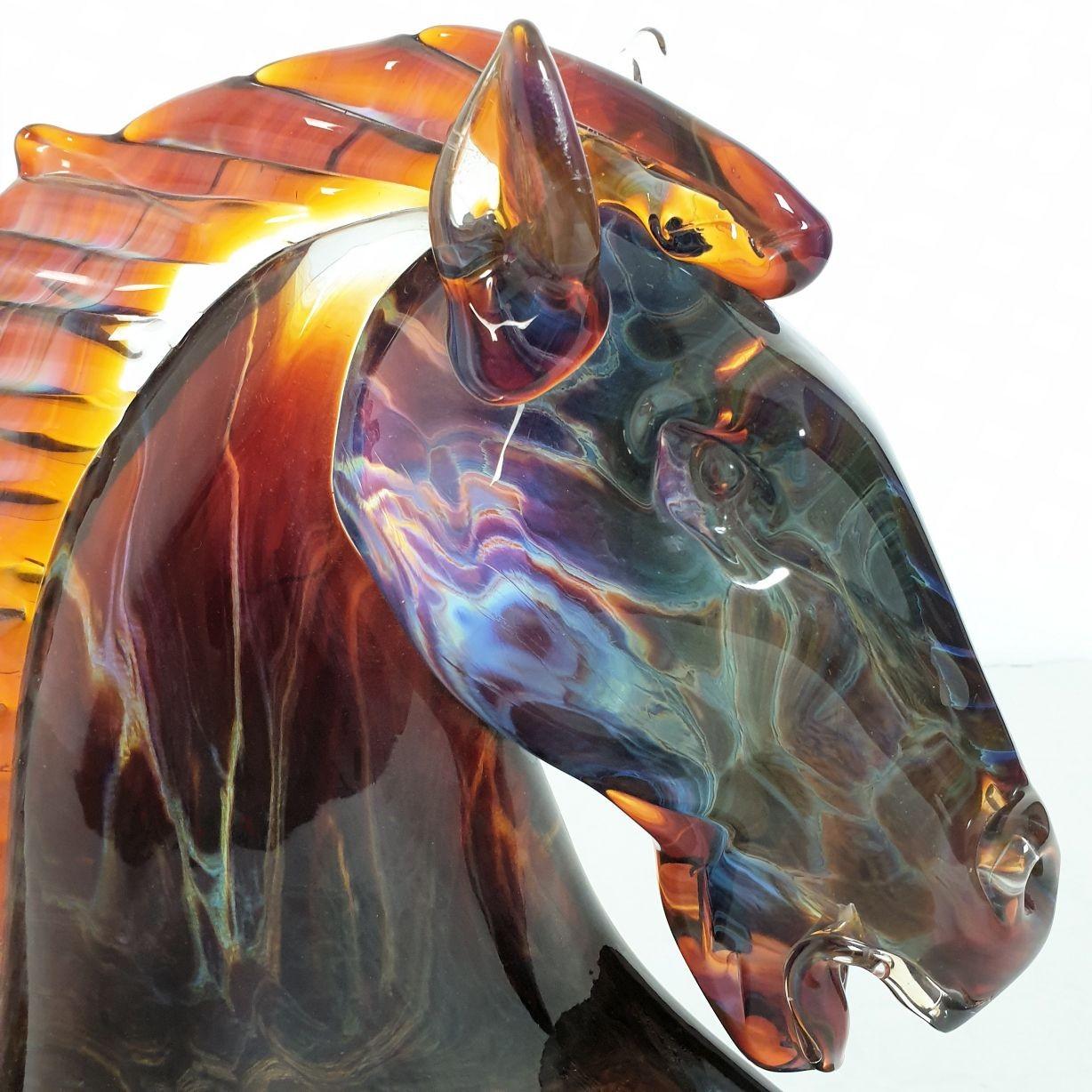 Large Chalcedony Murano glass horse sculpture, signed by artist: Fabio Tagliapietra.
Italy circa 1990.
The Murano glass technique is Chalcedony: different metals are added to the glass during fusion, to obtain the effects of precious stones like