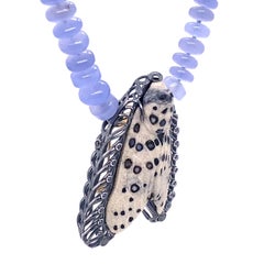 Chalcedony Necklace with a White Agate Carved Moth Clasp and Brooch