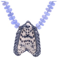 Chalcedony Necklace with a White Agate Carved Moth Clasp and Brooch