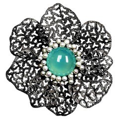 Chalcedony Pearls Sterling Silver Rhodium Textured Brooch Pendant Headpiece