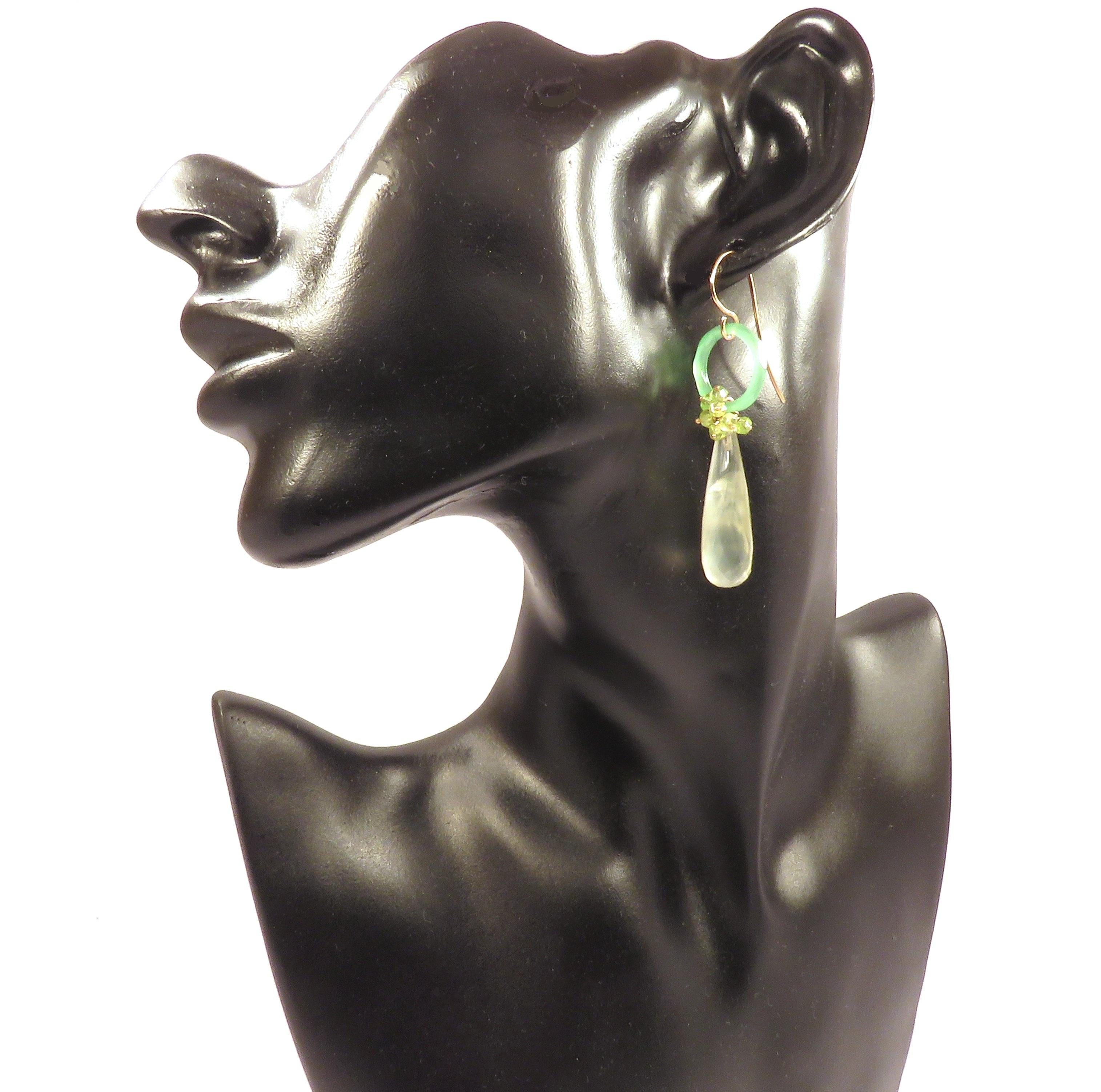 Dangle earrings in 9 karat rose gold with real green chalcedony drops and peridot gemstones. The length of each earring is 58 mm / 2.283 inches. Each item is stamped with the Italian gold mark 375 and Botta Gioielli brandmark