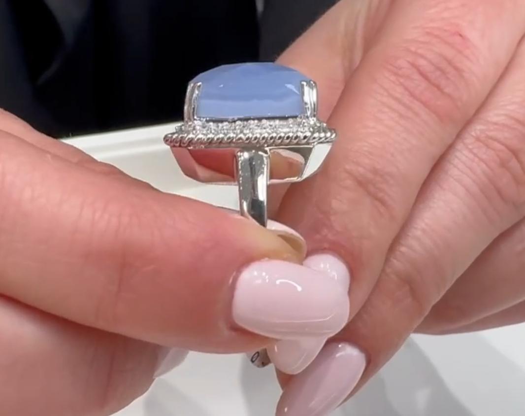 Chalcedony Ring with Diamonds in 14K White Gold Double Prong Setting For Sale 3