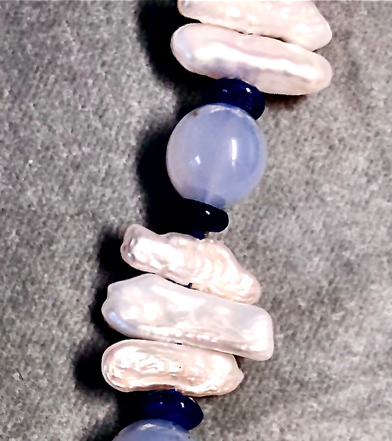 Artisan Chalcedony sapphire and stick pearl necklace For Sale