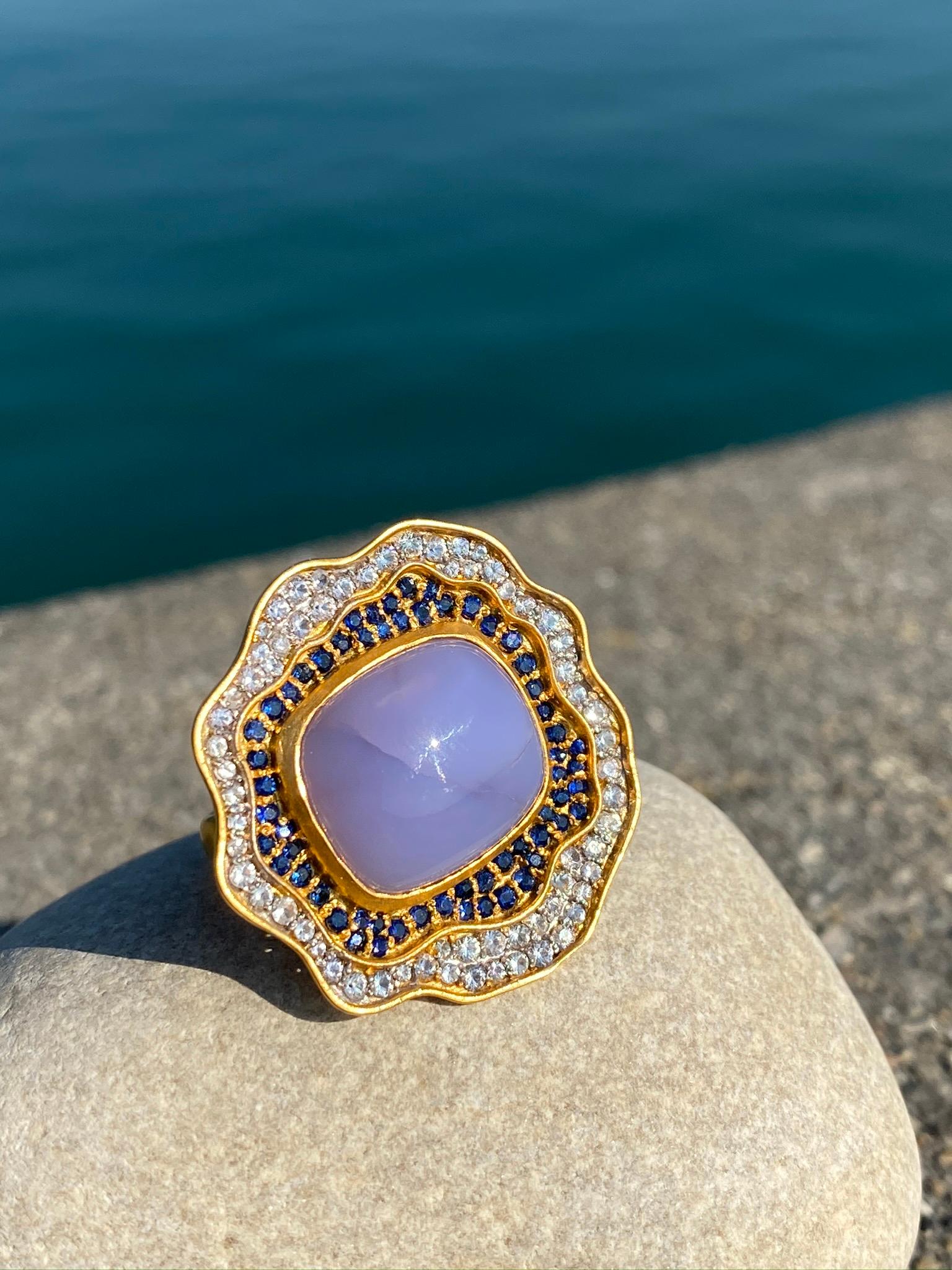Artisan Chalcedony Sapphires and 18 Karat Gold Cocktail Ring by Lauren Harper For Sale