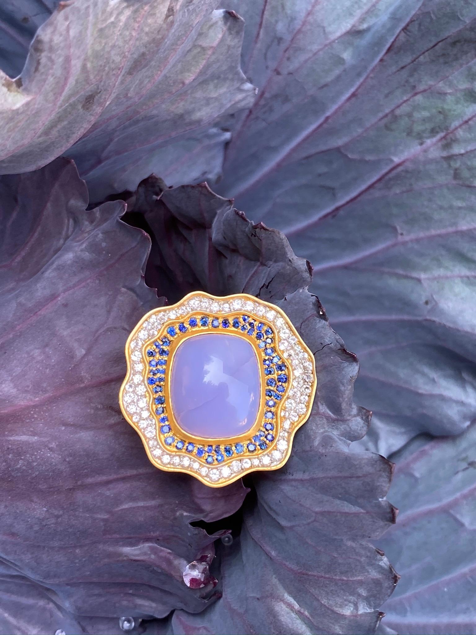 Cabochon Chalcedony Sapphires and 18 Karat Gold Cocktail Ring by Lauren Harper For Sale