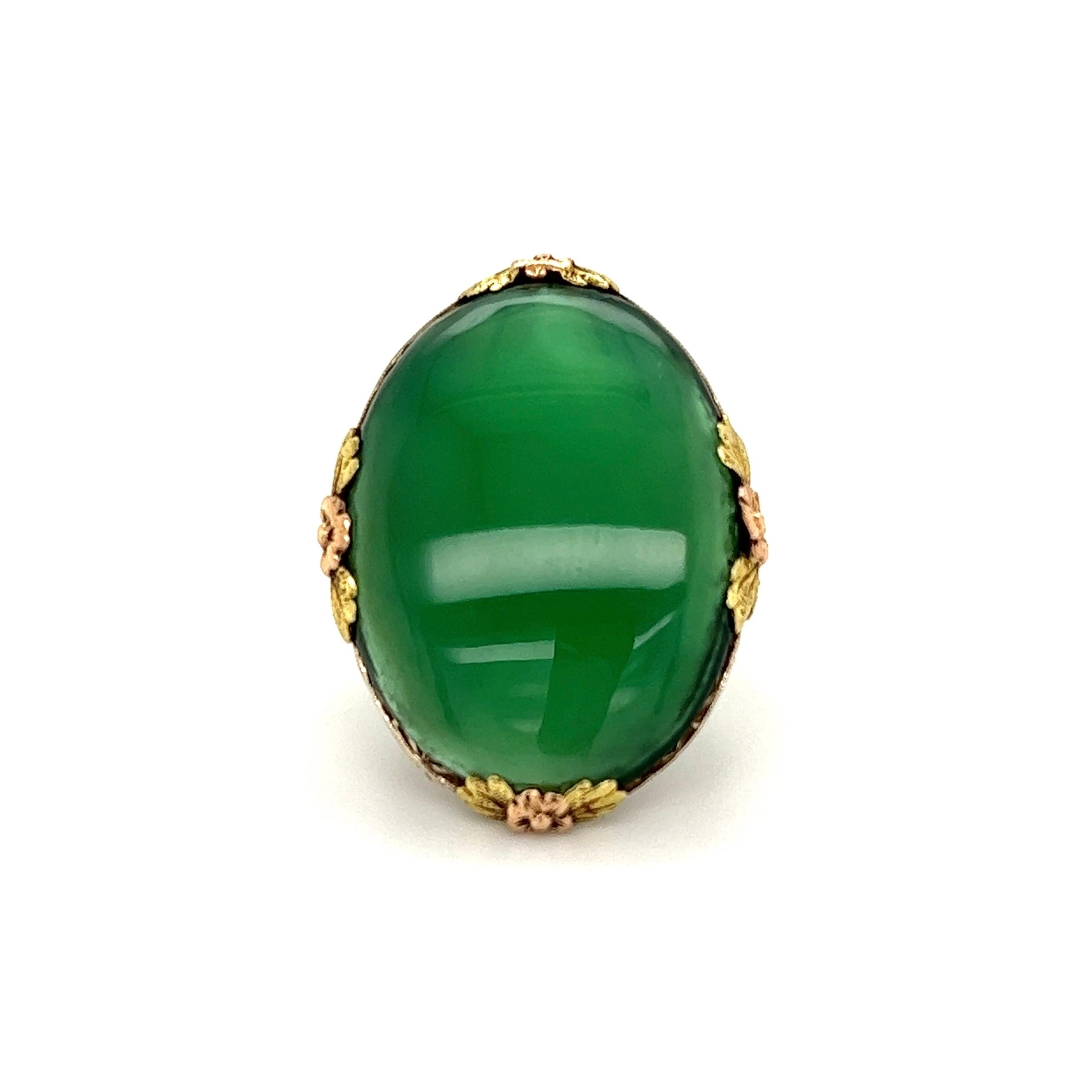 Oval Cut Chalcedony Solitaire 3-Tone Gold Arts and Crafts Cocktail Ring For Sale