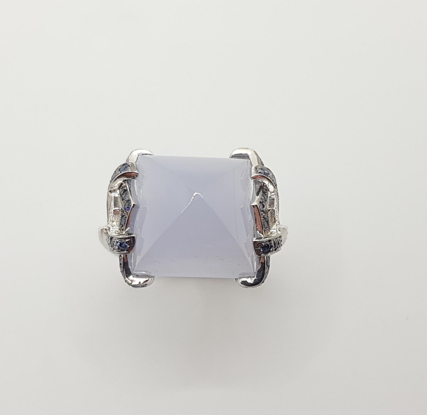 Chalcedony with Blue Sapphire and Diamond Ring in 18 Karat White Gold Settings For Sale 5