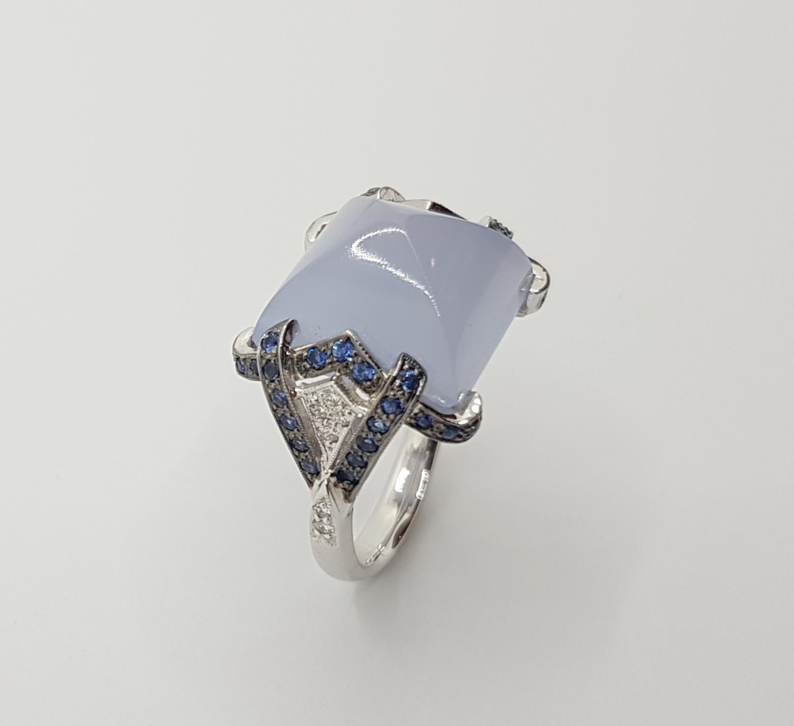 Chalcedony with Blue Sapphire and Diamond Ring in 18 Karat White Gold Settings For Sale 6