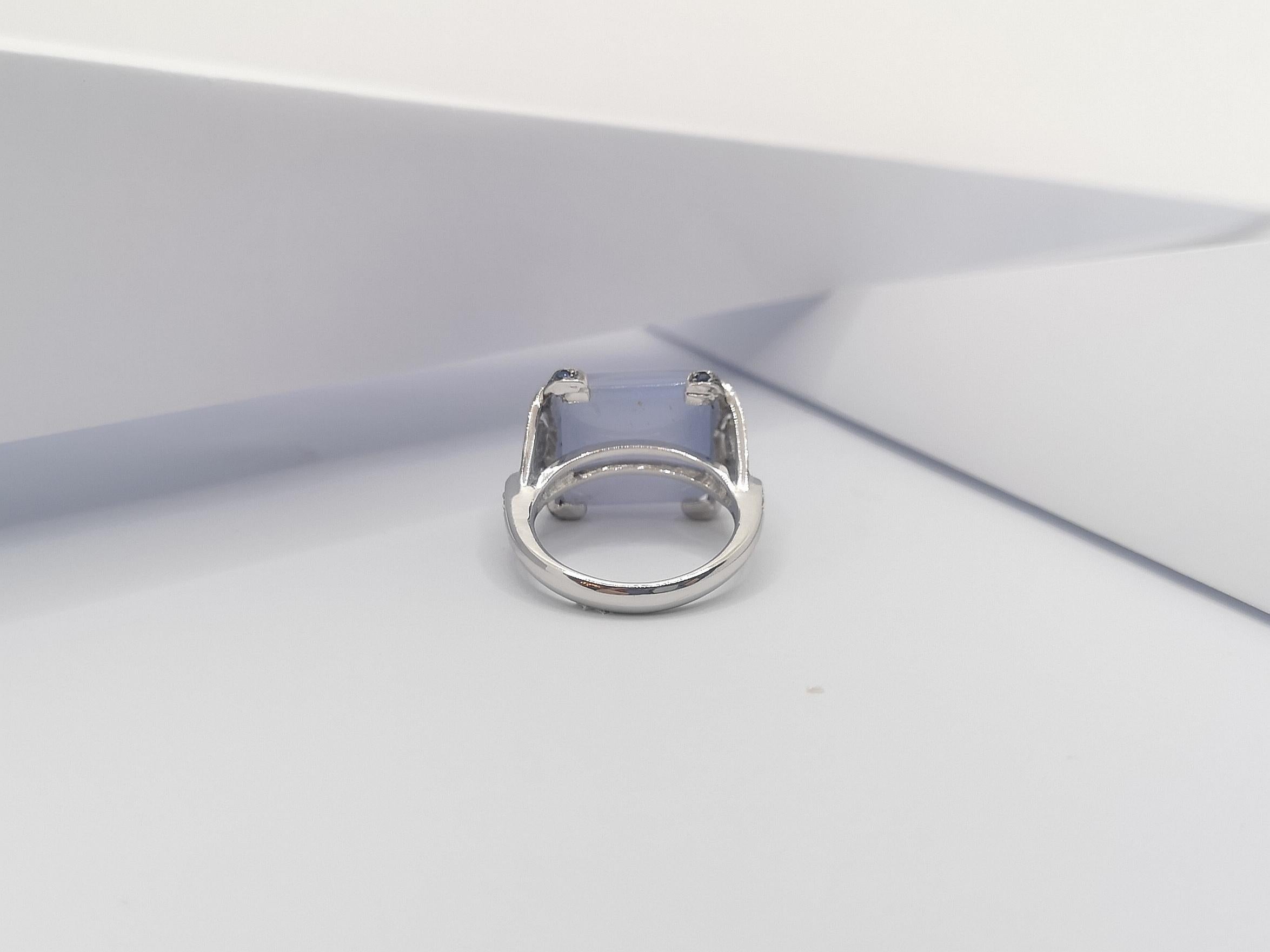 Chalcedony with Blue Sapphire and Diamond Ring in 18 Karat White Gold Settings For Sale 7