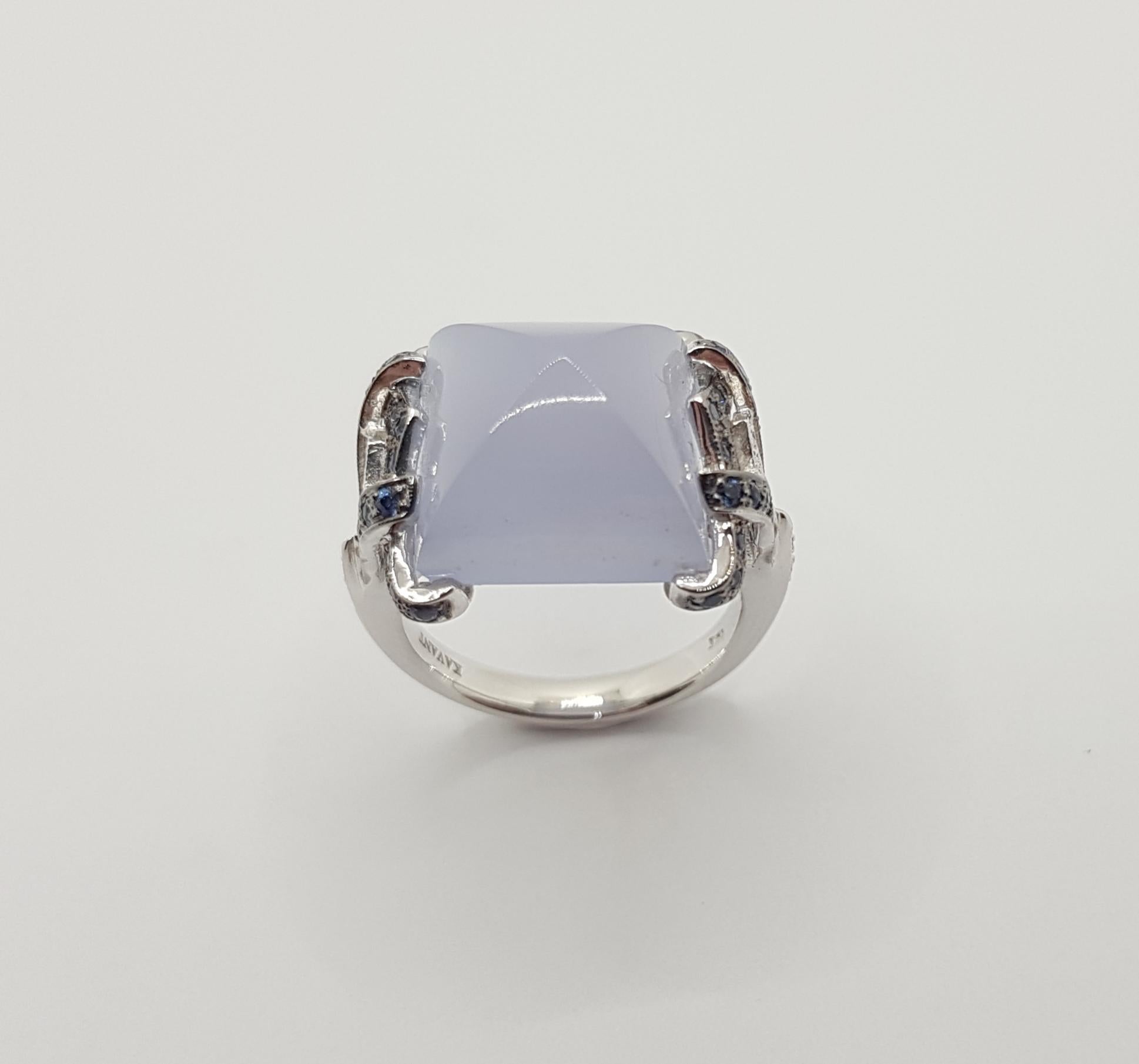 Chalcedony with Blue Sapphire and Diamond Ring in 18 Karat White Gold Settings For Sale 8