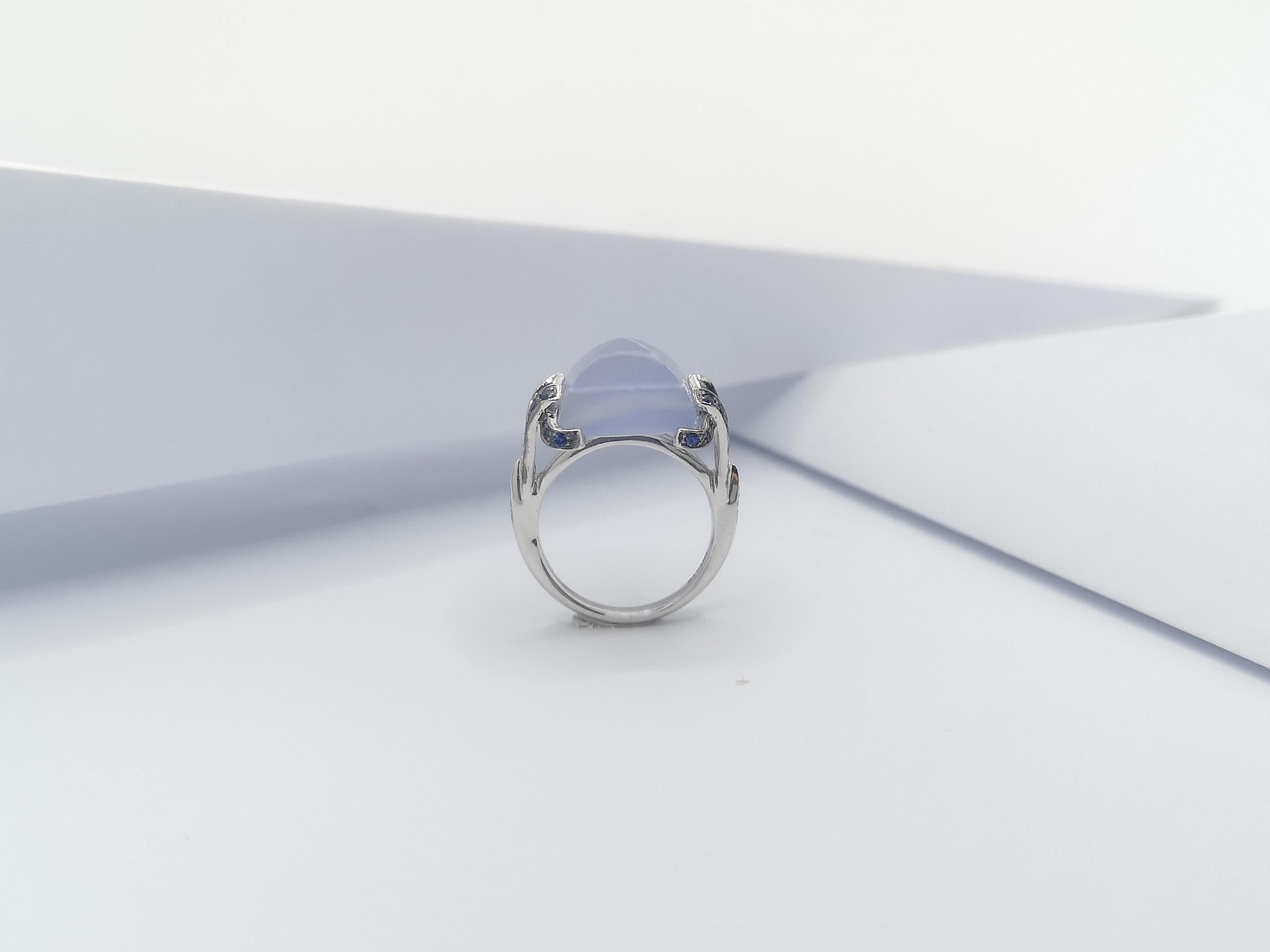 Chalcedony with Blue Sapphire and Diamond Ring in 18 Karat White Gold Settings For Sale 9
