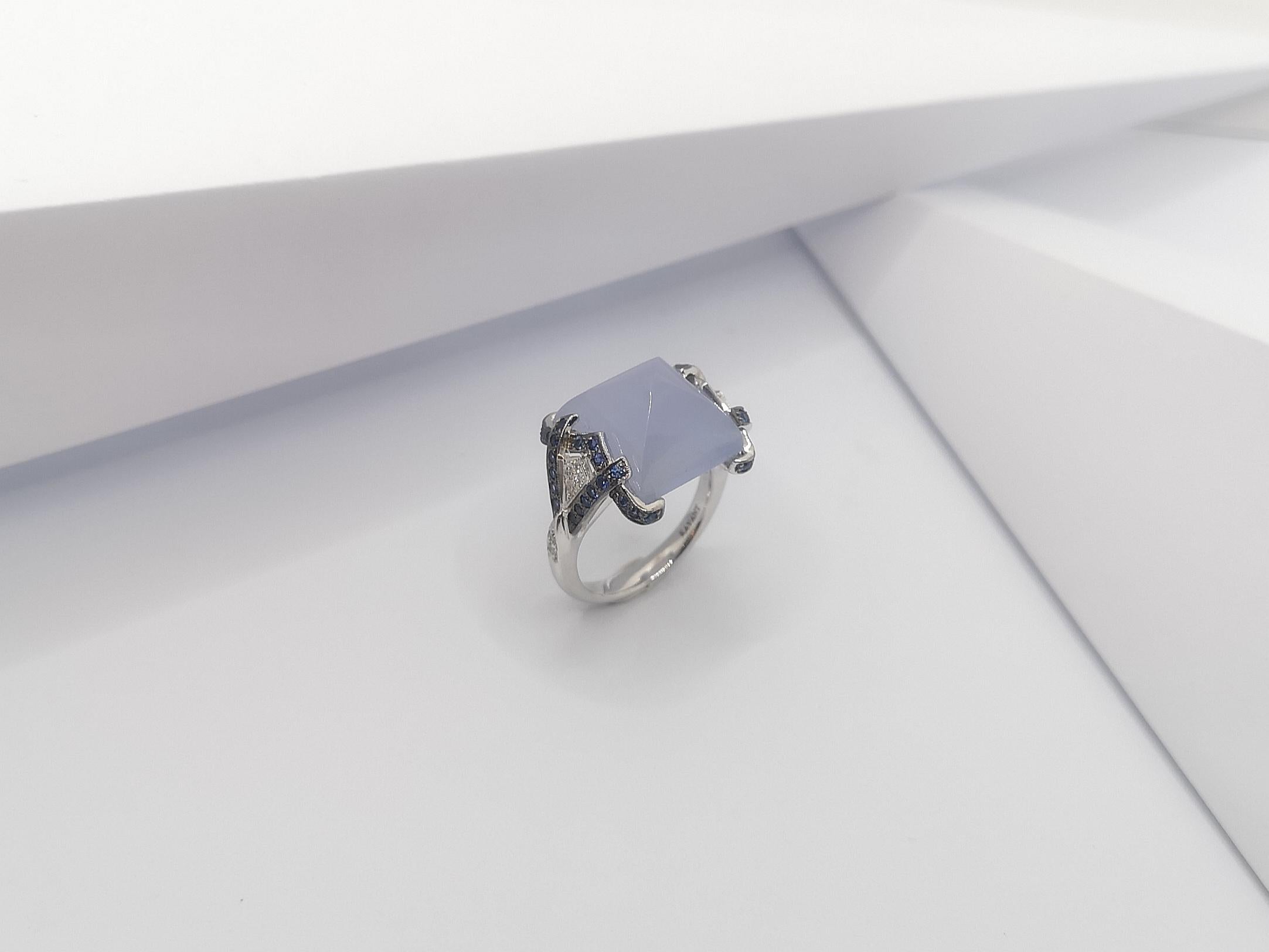 Chalcedony with Blue Sapphire and Diamond Ring in 18 Karat White Gold Settings For Sale 10