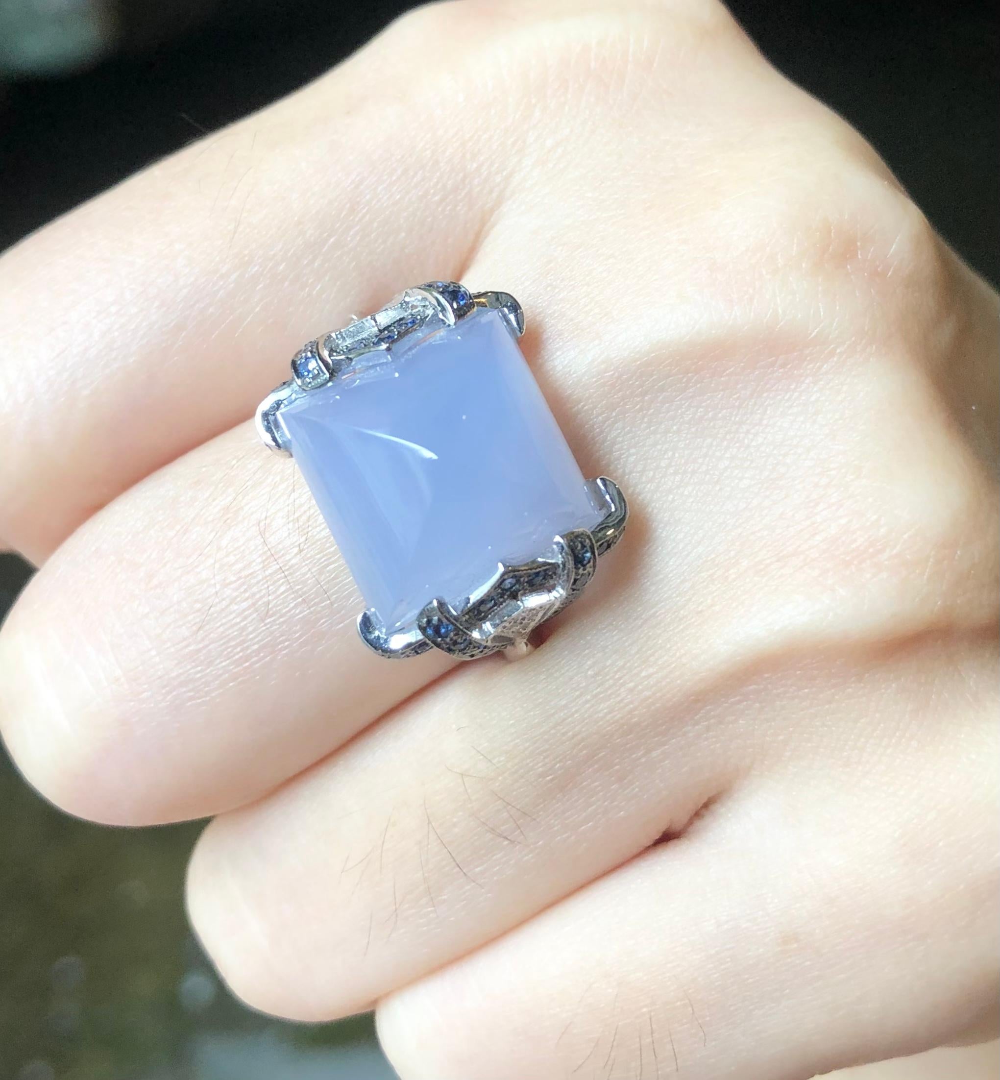 Sugarloaf Cabochon Chalcedony with Blue Sapphire and Diamond Ring in 18 Karat White Gold Settings For Sale