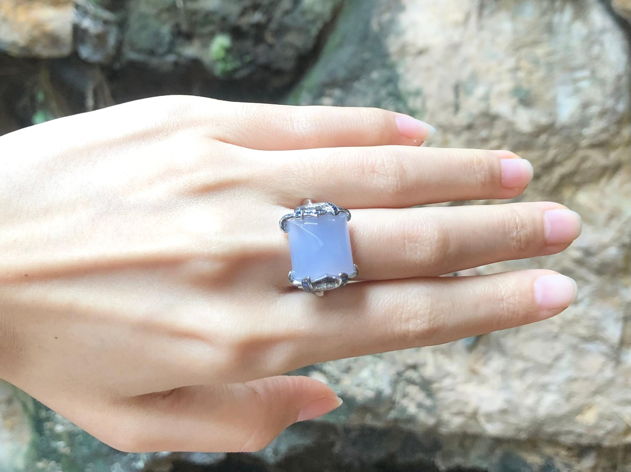 Women's Chalcedony with Blue Sapphire and Diamond Ring in 18 Karat White Gold Settings For Sale