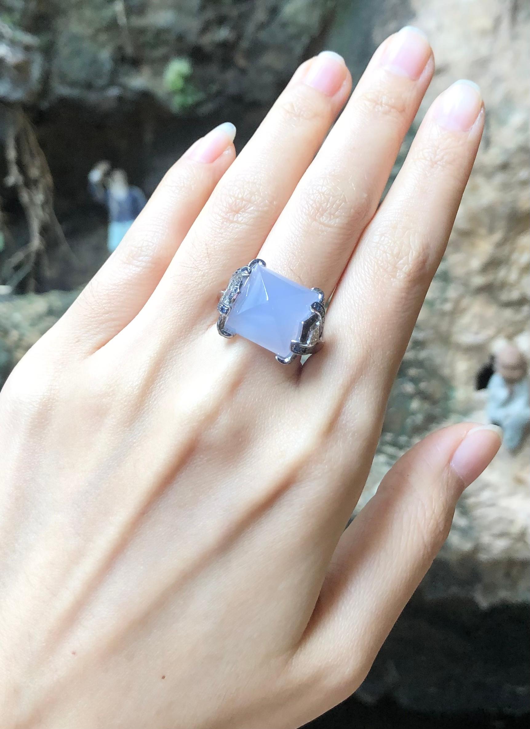 Chalcedony with Blue Sapphire and Diamond Ring in 18 Karat White Gold Settings For Sale 1