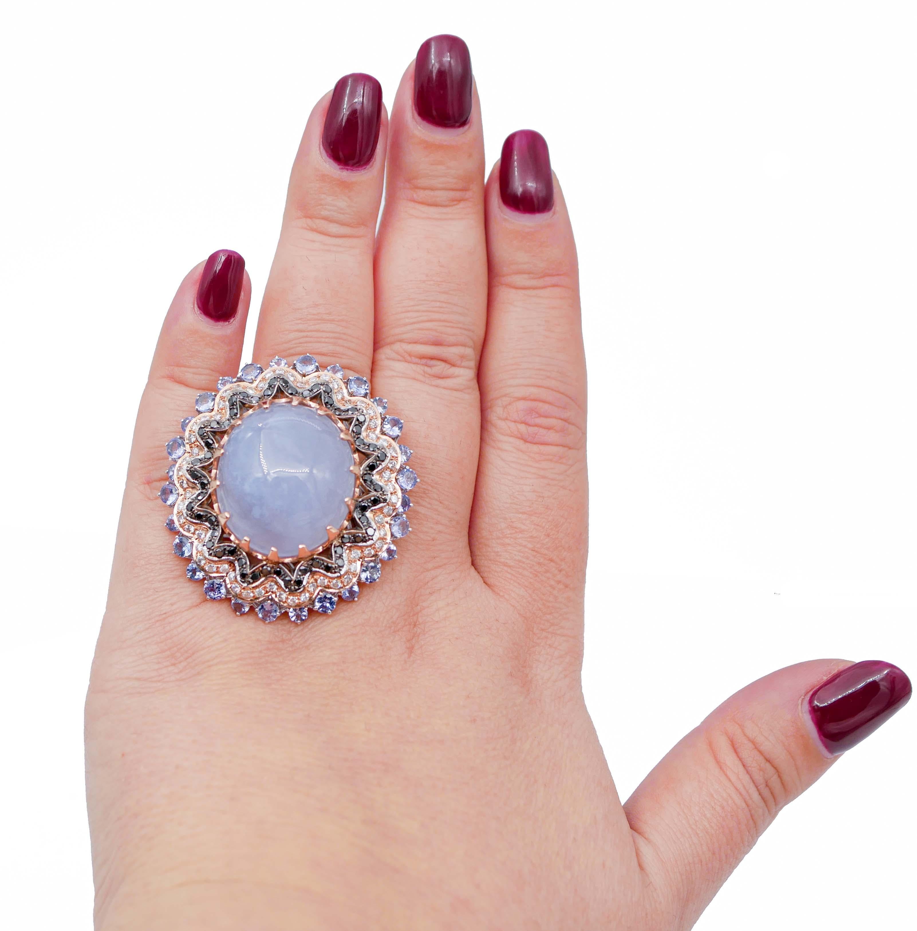 Mixed Cut Chalcedony, Tanzanite, Diamonds, 18 Karat White and Rose Gold Ring. For Sale