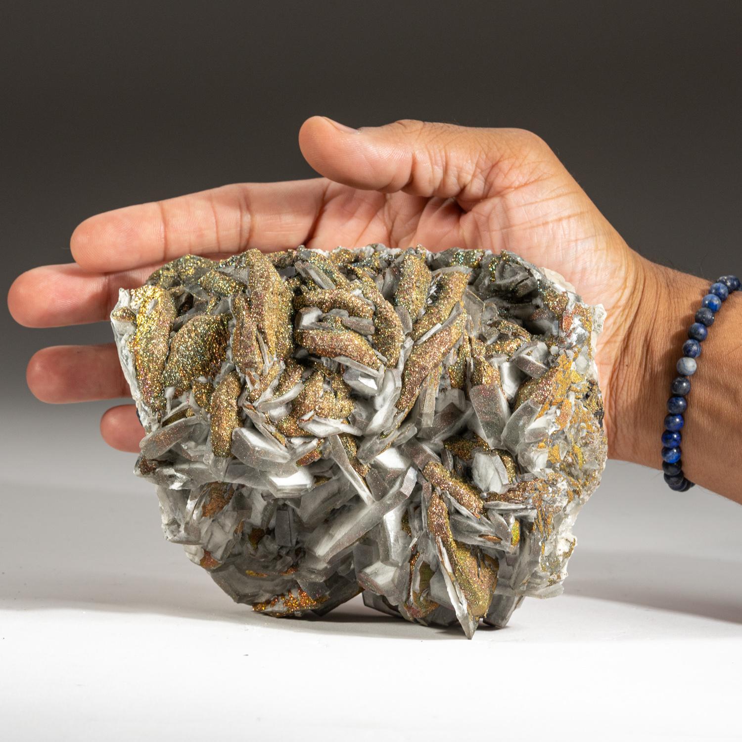 From Edong Mining District, Daye, Hubei, China

Cluster of sharp scalenohedral calcite crystals partially covered with lustrous iridescent metallic chalcopyrite crystals on the surfaces. Bright and lively color of blues ,greens and reds.


