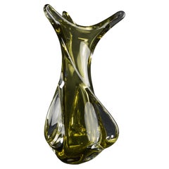 Retro Chalet Art Glass Freeform Green Sommerso Vase 1960s