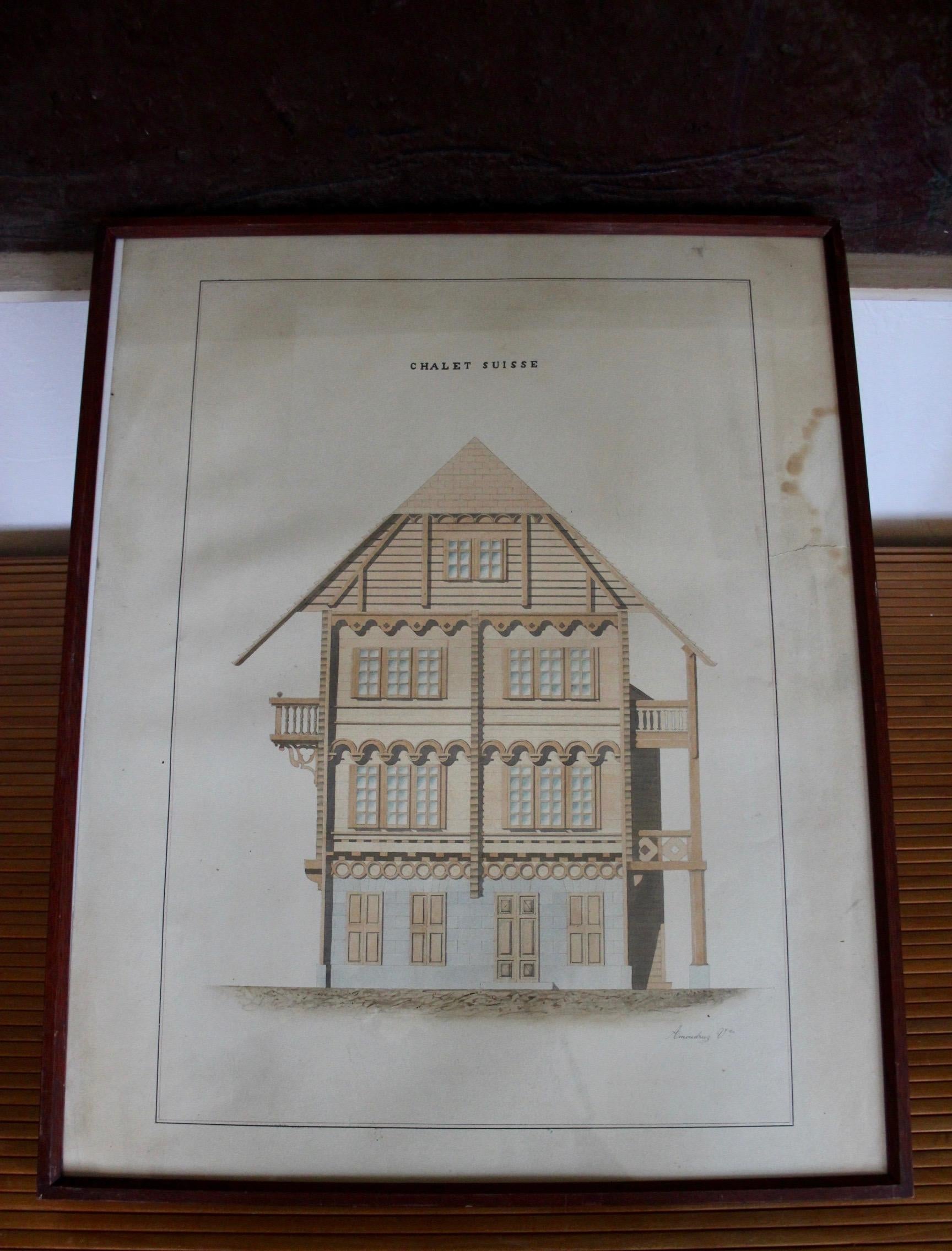 Chalet Suisse drawing c 1940  little damage on the paper at right see photo