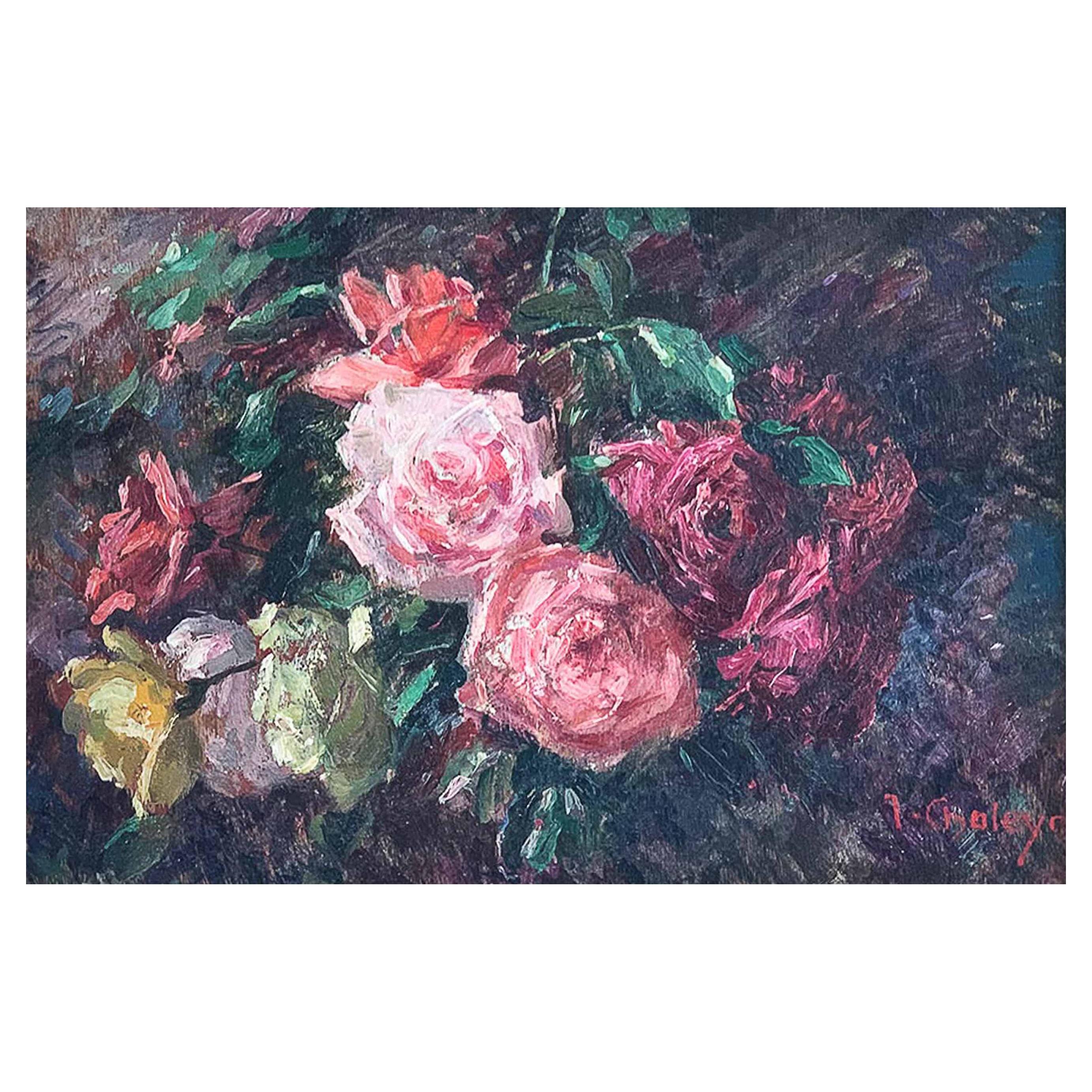 Chaleye Jean '1878-1960' "Bouquet of roses" Oil on Panel For Sale