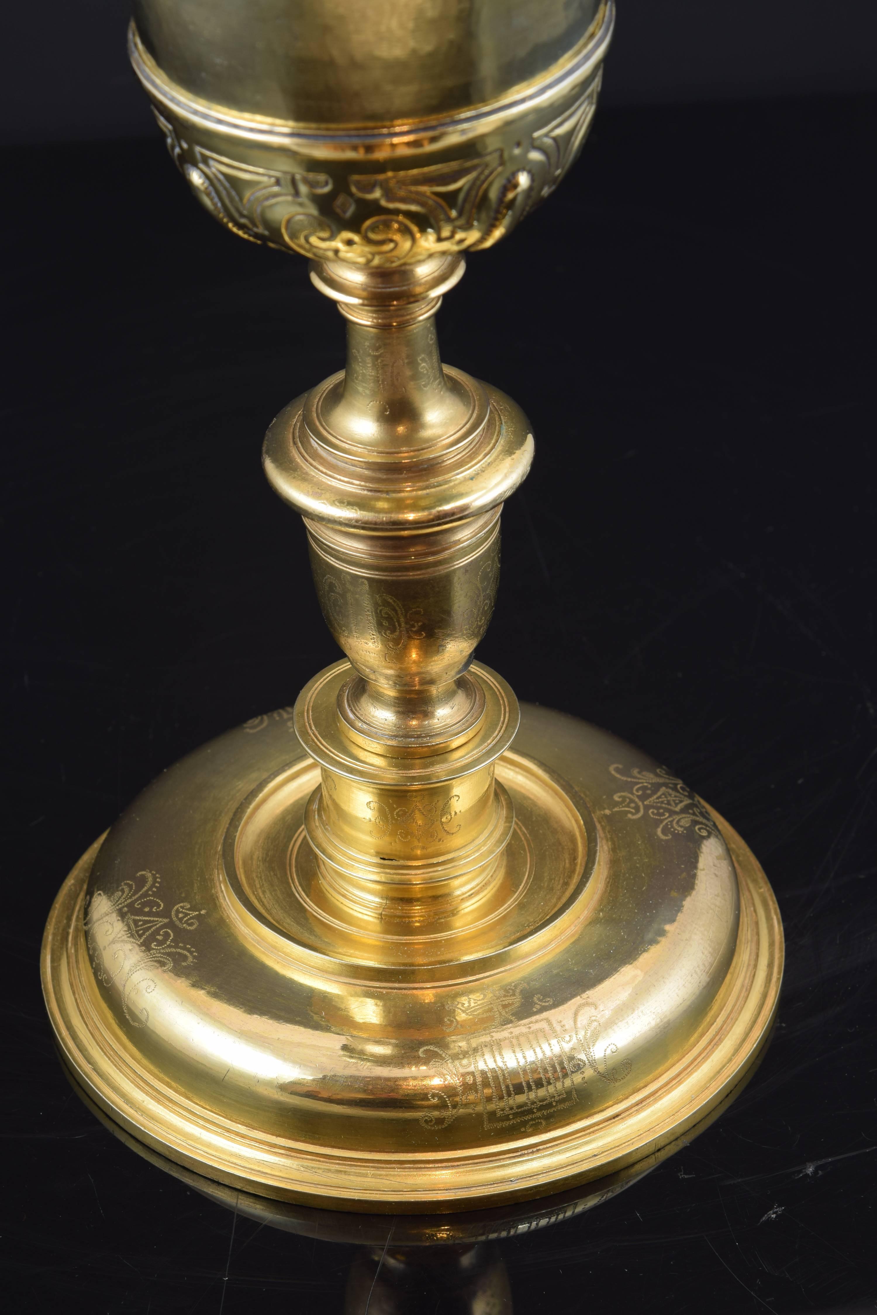 Baroque Chalice, Gilt Bronze and Gilt Silver with Restorations, Spain, 17th Century