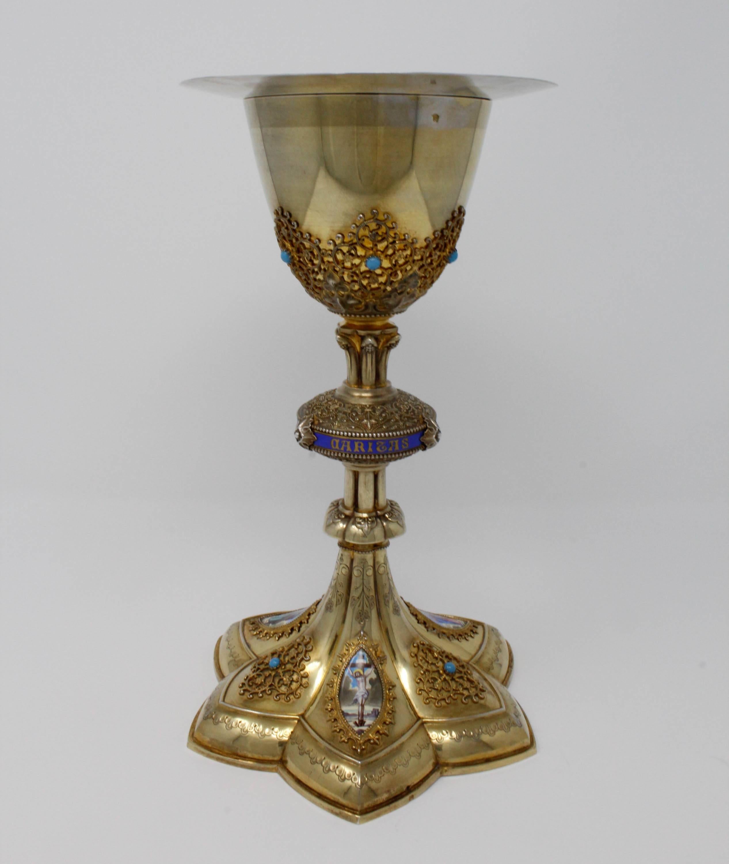 Chalice/ Paten, Silver Gilt, Louis Giles, Lyon. Silver & silver gilt neo-gothic chalice featuring three hand-painted Limoges enamel lozenges, round gem set turquoise, applied filigree, and an enameled central 