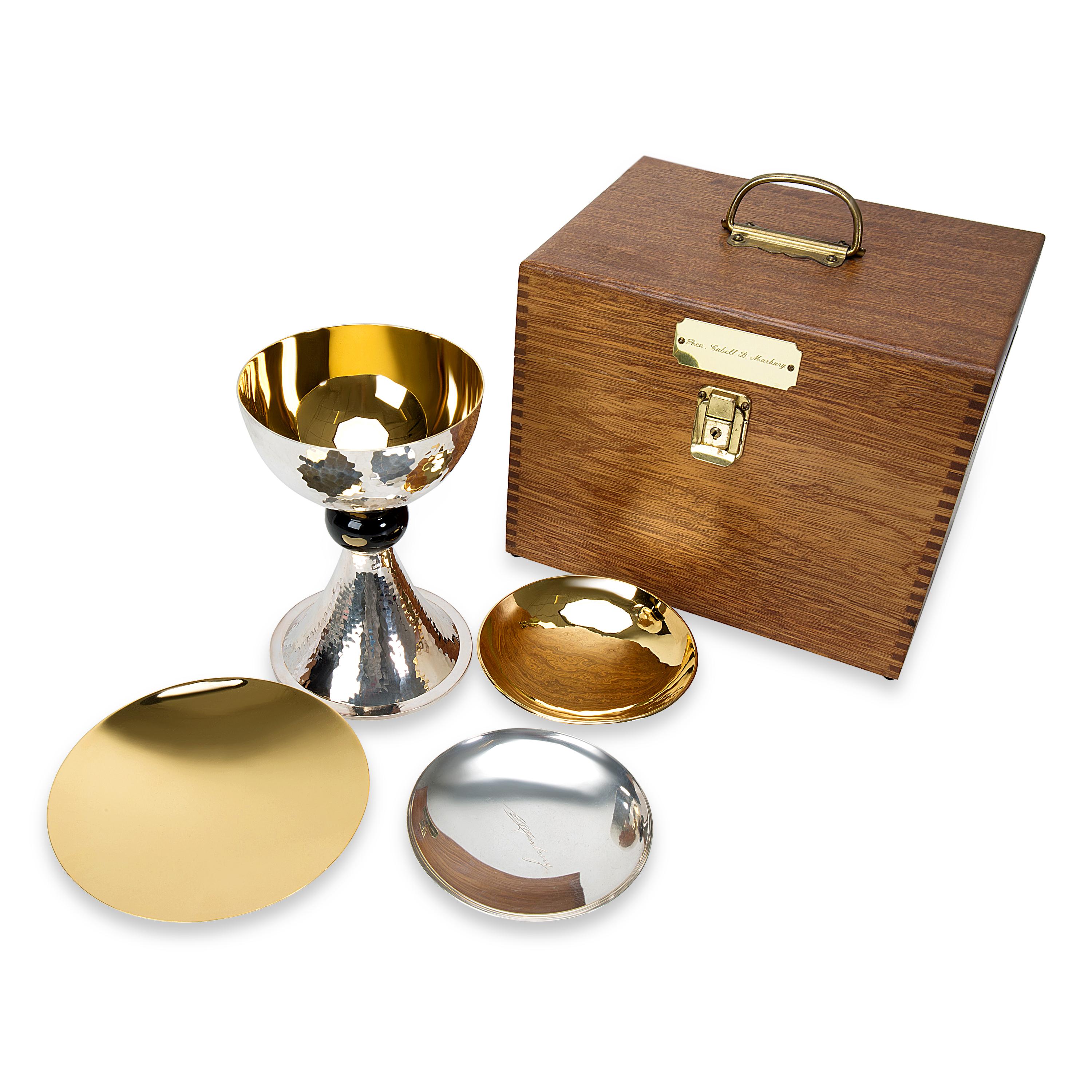 This Chalice Set comes with 3 Patens in sterling silver & gold plated. Comes with wooden box. 