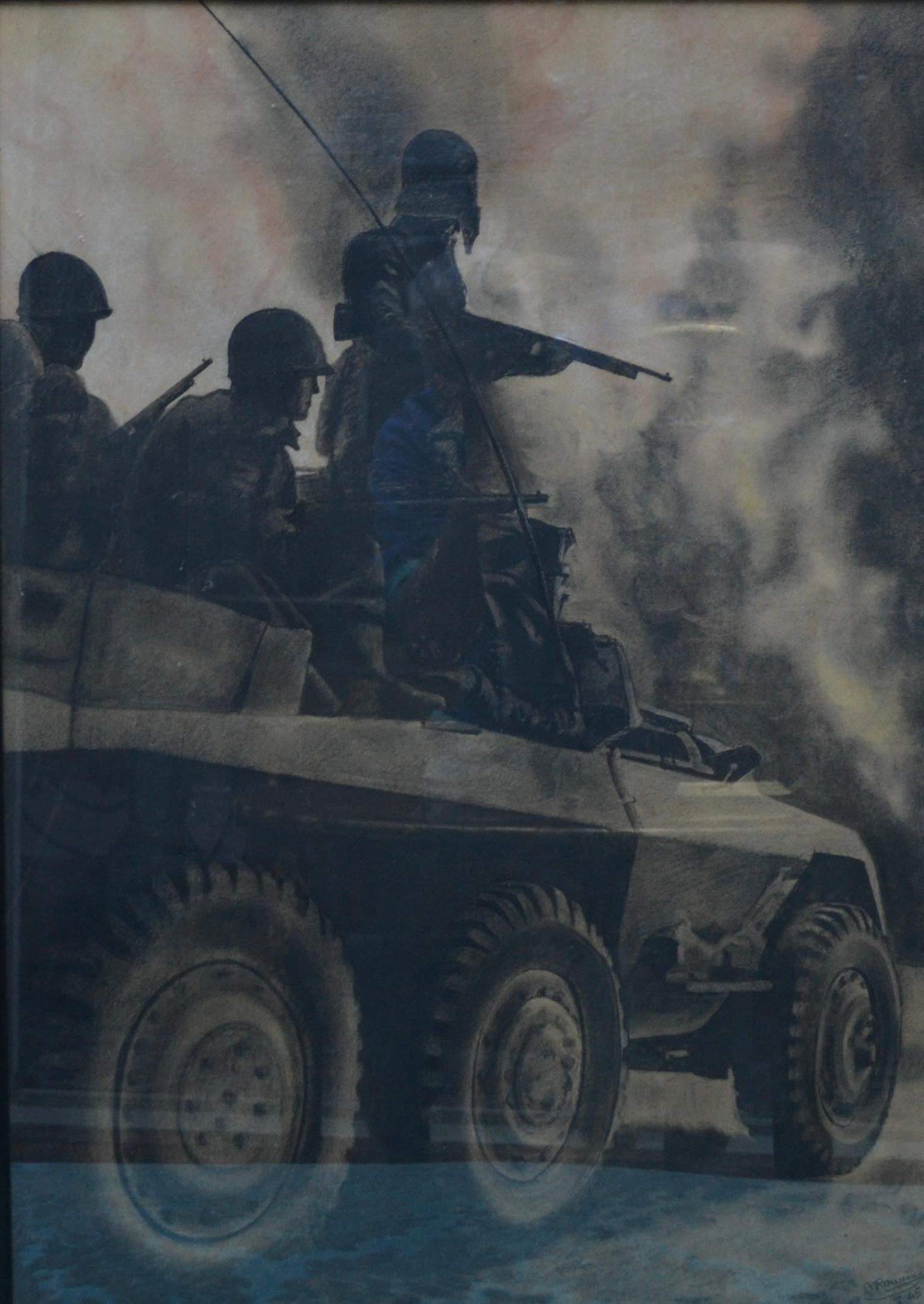   Kreide-Zeichnung der US-Armee in Aktion  auf einem gepanzerten Fahrzeug in Europa im Zweiten Weltkrieg  (Handbemalt) im Angebot