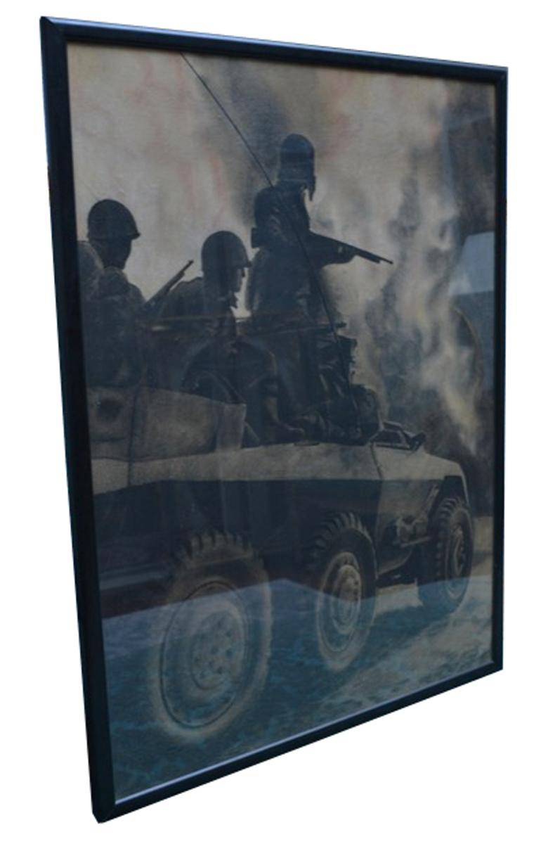   Chalk Drawing of US Army In Action  on an Armored Vehicle in Europe in WWII  In Good Condition For Sale In Vancouver, British Columbia
