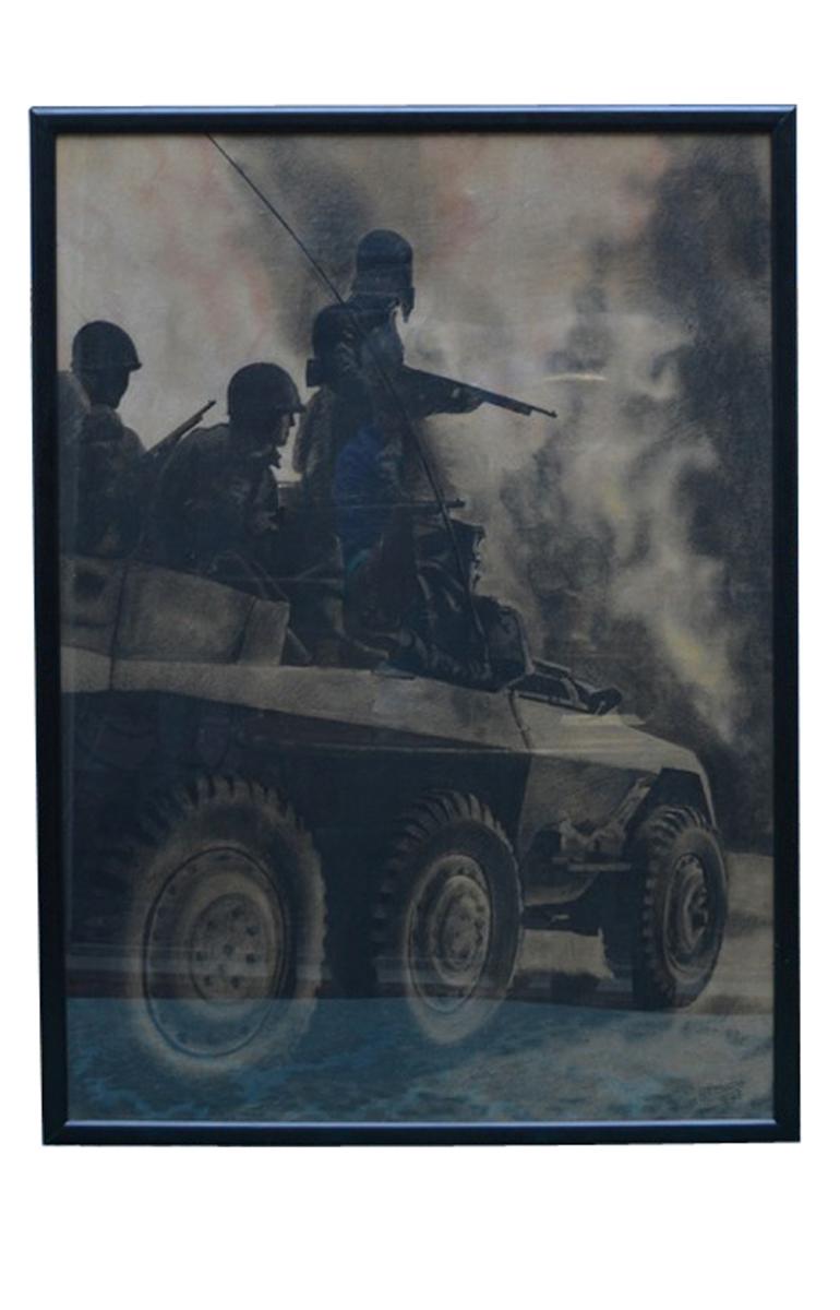 20th Century   Chalk Drawing of US Army In Action  on an Armored Vehicle in Europe in WWII  For Sale