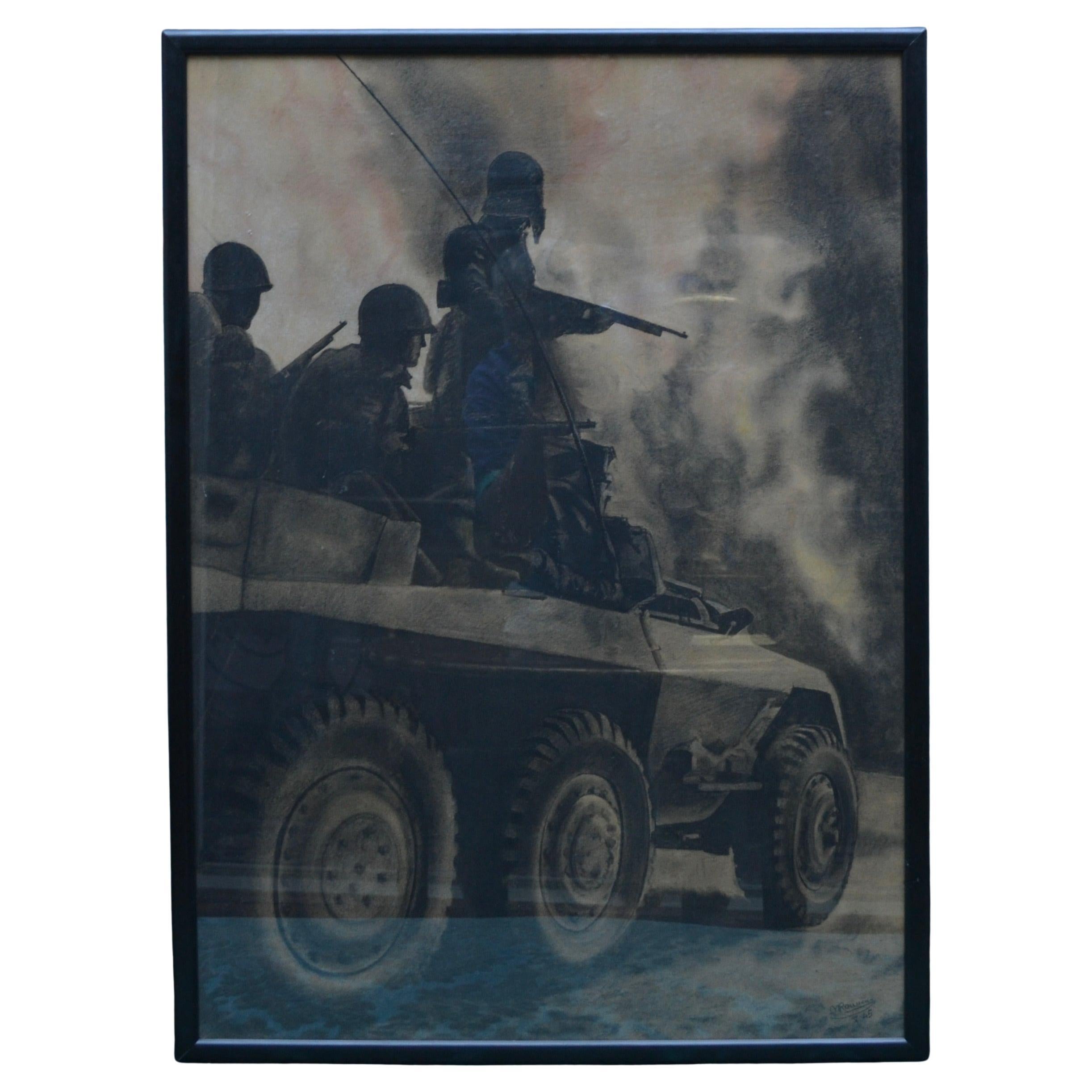An interesting piece of World War II Militaria consisting of a chalk sketch or drawing of  three US Military personnel in combat with guns in hand riding on what appears to be a 1943  Ford M20 Armored Command Vehicle. The last photo in the photo