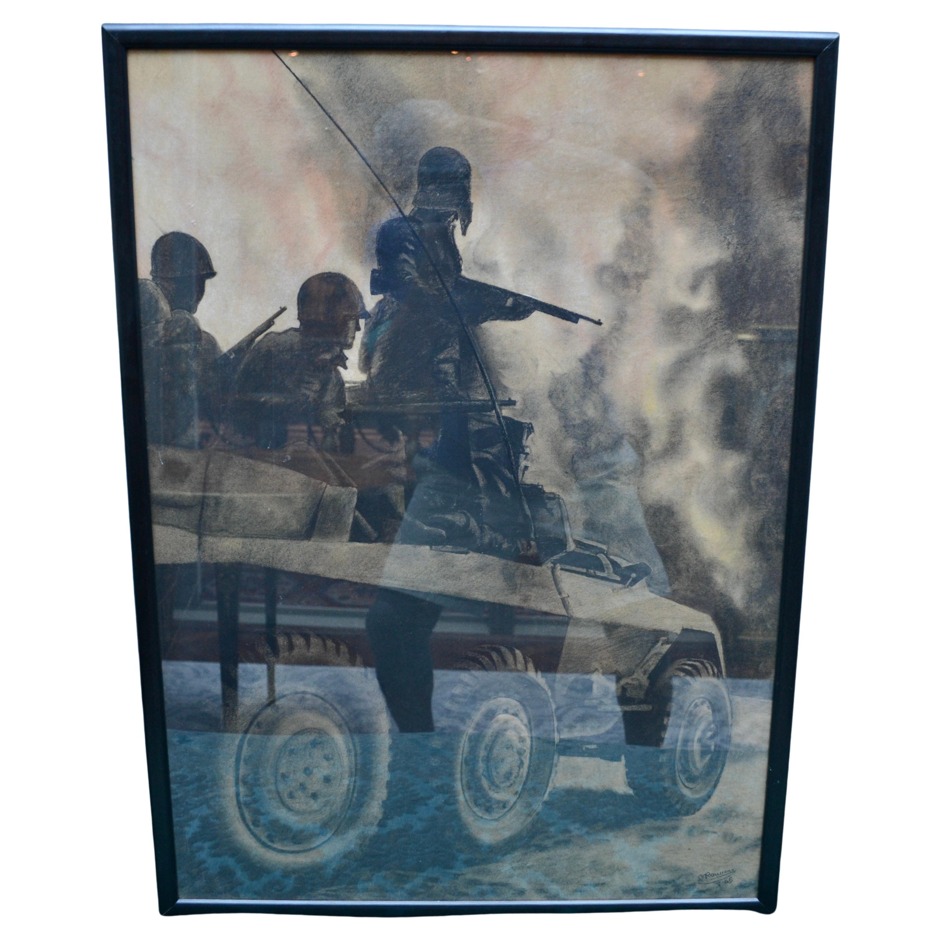   Chalk Drawing of US Army In Action  on an Armored Vehicle in Europe in WWII  For Sale