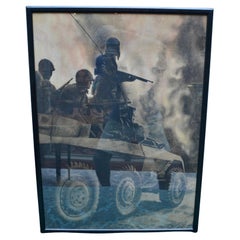 Vintage   Chalk Drawing of US Army In Action  on an Armored Vehicle in Europe in WWII 