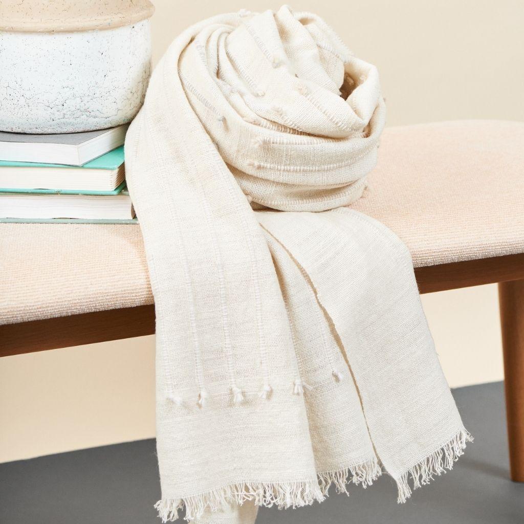 Chalk Handloom White Merino  Organic Cotton Throw in Hand Knotted Stripes Design For Sale 9