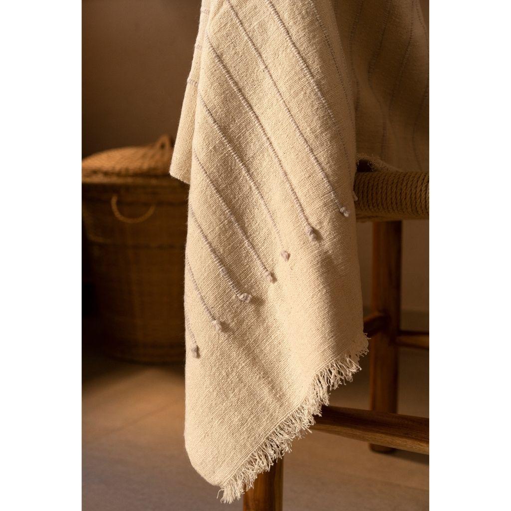 Chalk Handloom White Merino  Organic Cotton Throw in Hand Knotted Stripes Design For Sale 10