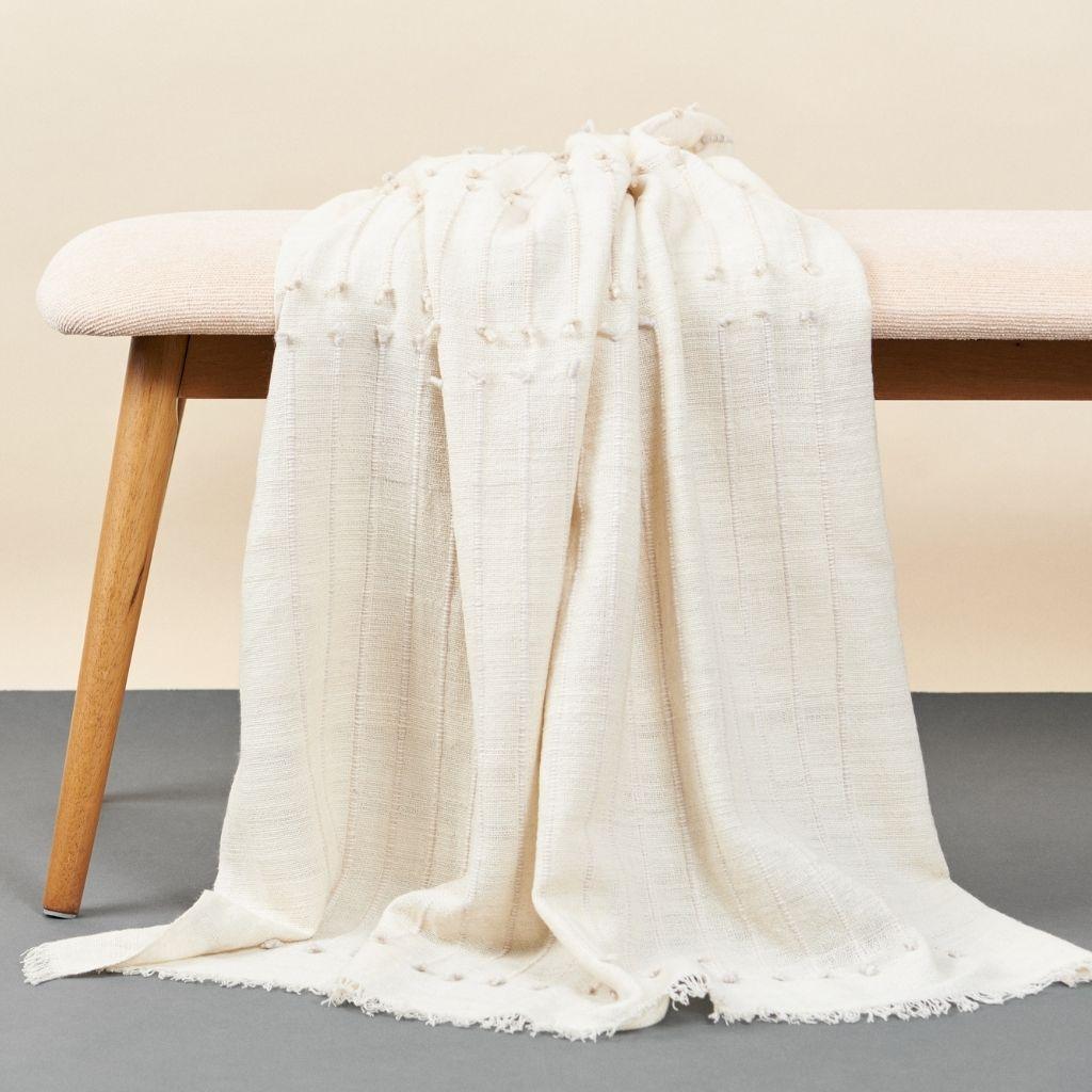 Yarn Chalk Handloom White Merino  Organic Cotton Throw in Hand Knotted Stripes Design For Sale
