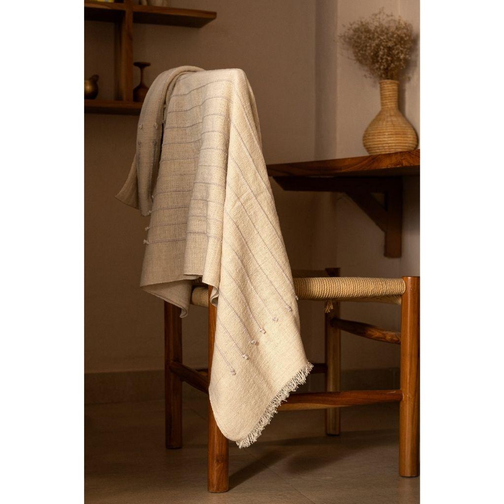 Contemporary Chalk Handloom White Merino  Organic Cotton Throw in Hand Knotted Stripes Design For Sale