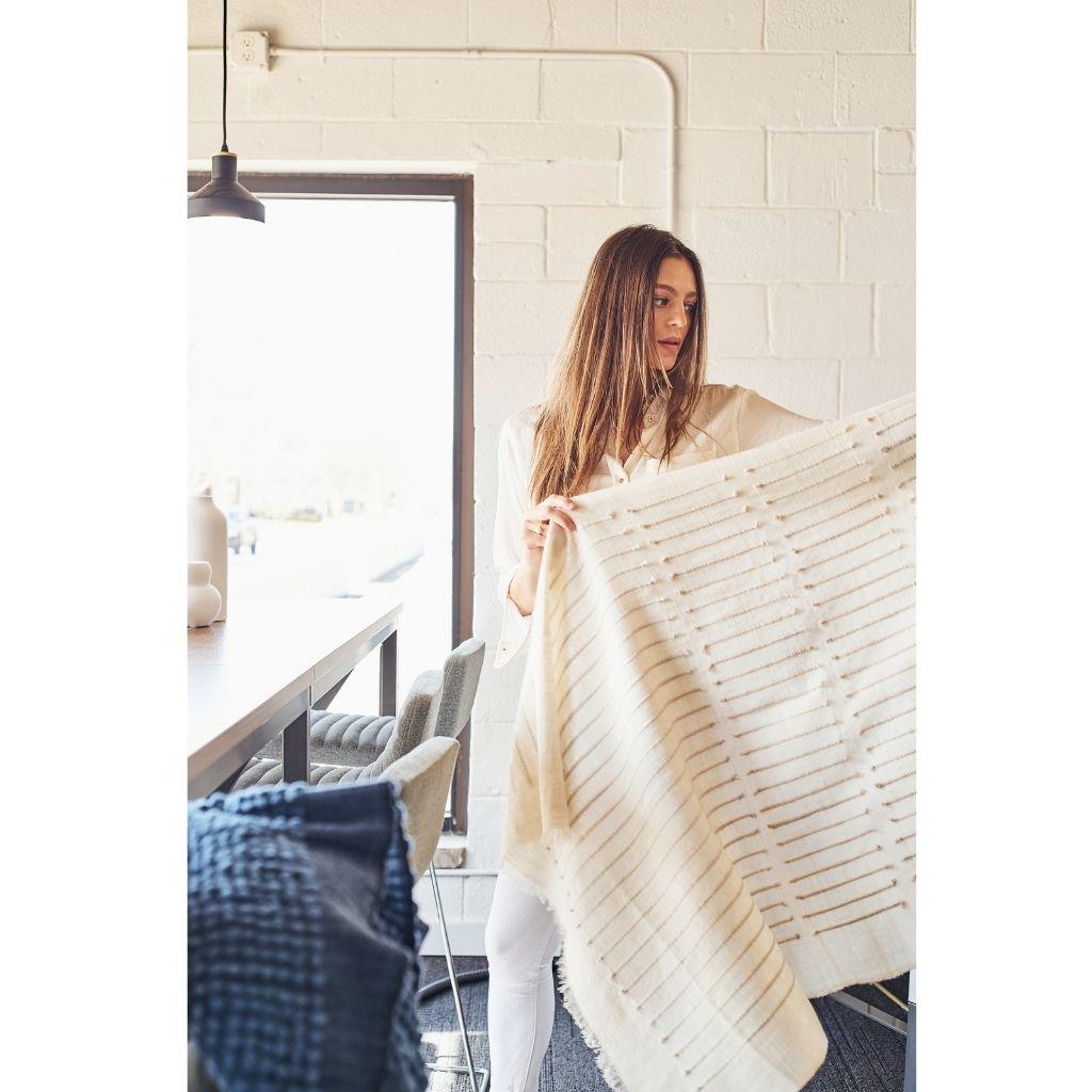 Chalk Handloom White Merino  Organic Cotton Throw in Hand Knotted Stripes Design For Sale 2