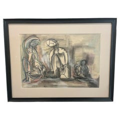 Chalk, Pencil, Pastel Drawing "Two Women" on Paper