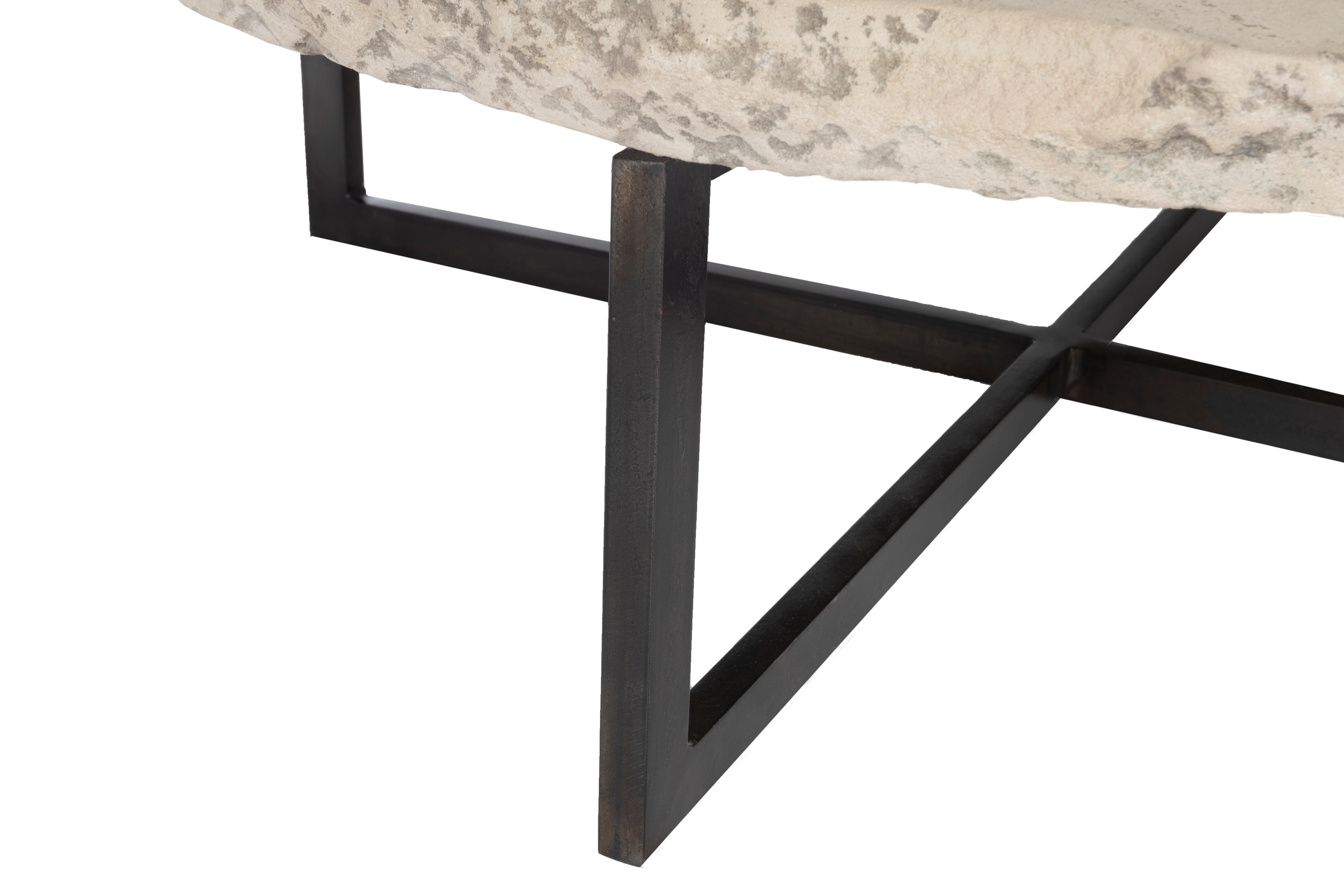 Organic Modern Chalk Stone Top on Ebony Patina Steel Mount For Sale