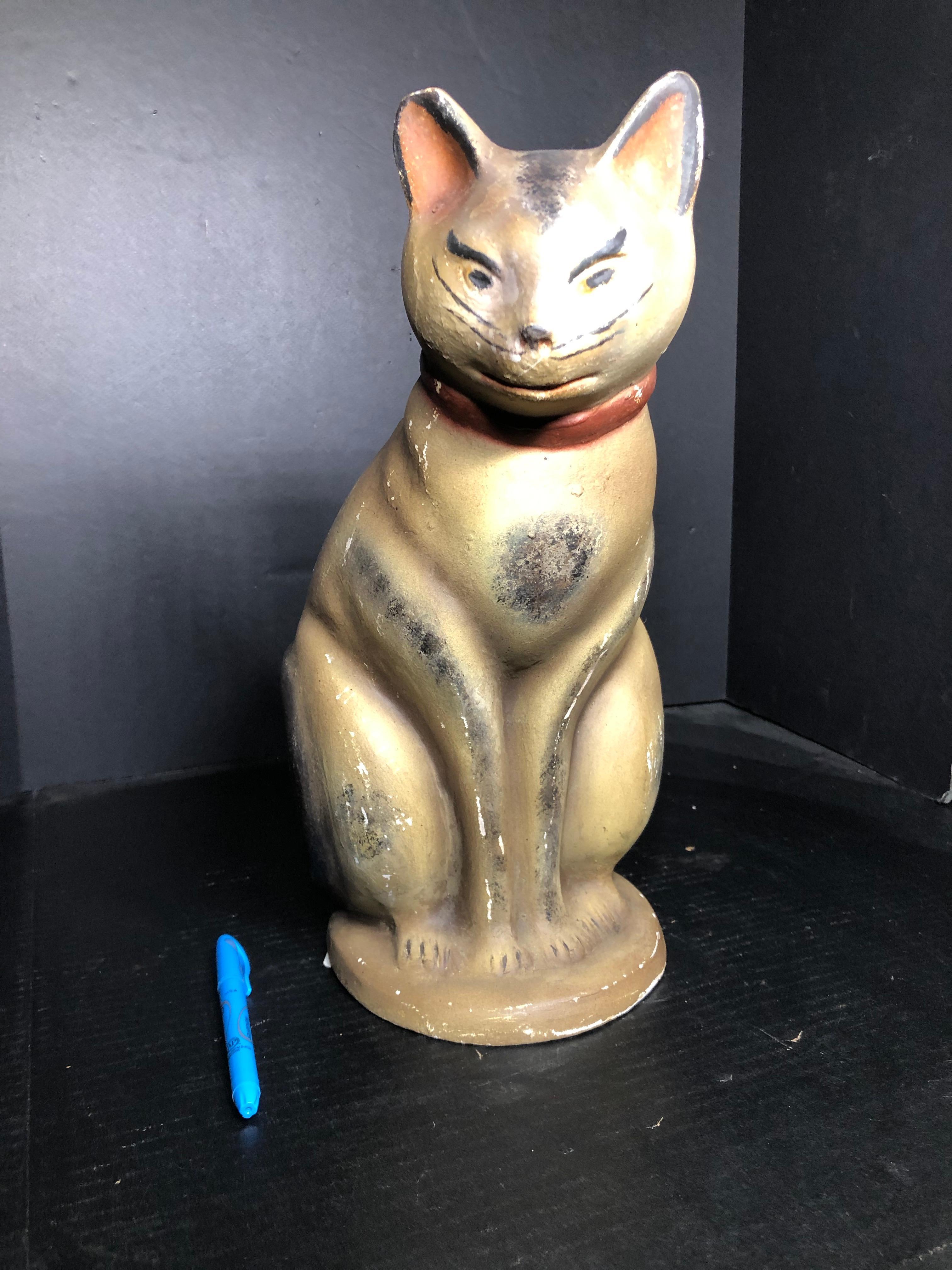 Chalkware Folk Art Painted and Smoke Decorated Large Chalkware Cat Figure For Sale 6