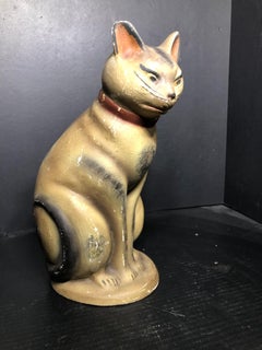 Chalkware Folk Art Painted and Smoke Decorated Large Chalkware Cat Figure