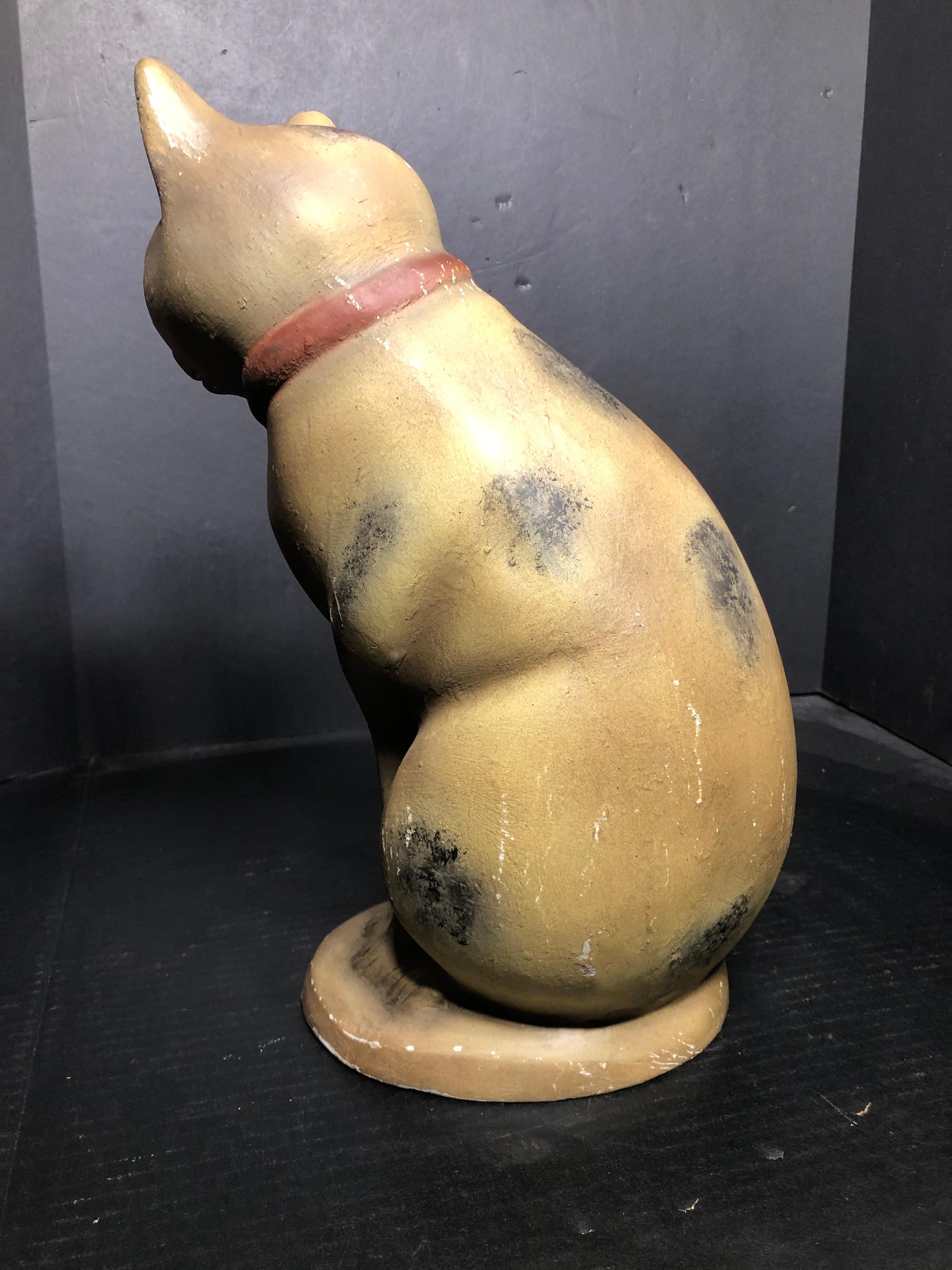 Brushed Chalkware Folk Art Painted and Smoke Decorated Large Chalkware Cat Figure For Sale