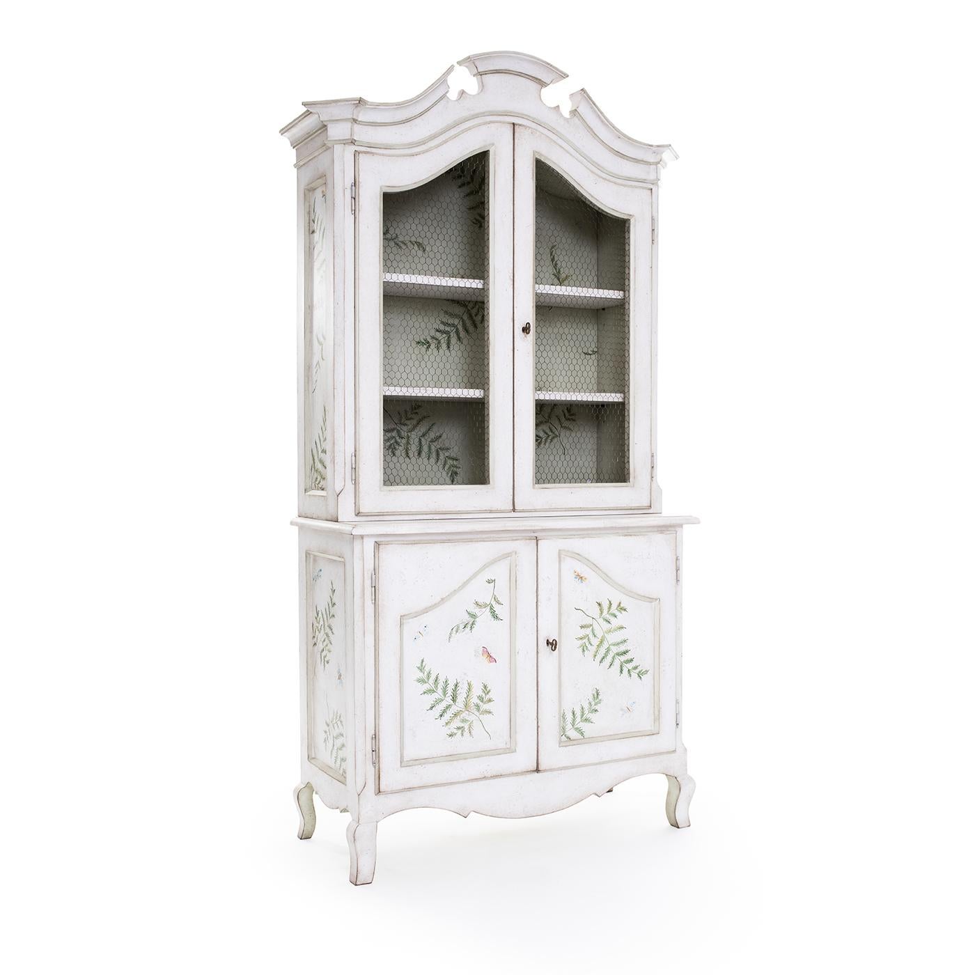 Italian Chalky White Padua Hutch with Ferns and Butterflies For Sale