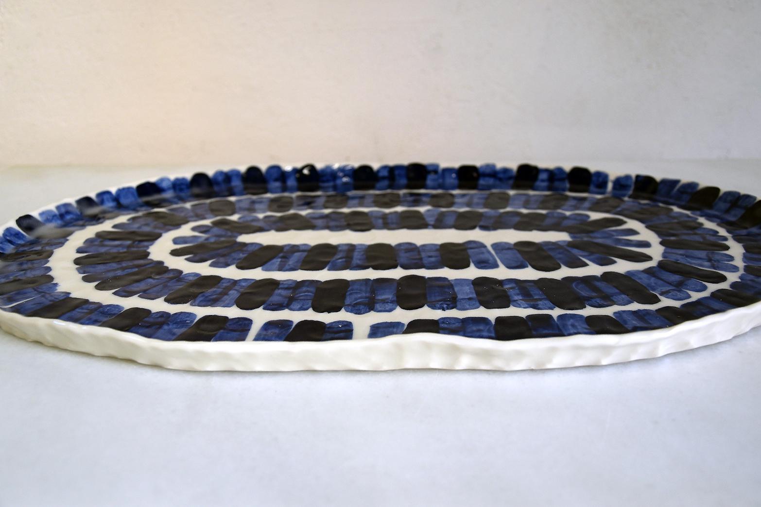 Modern Challah Plate by Isabel Halley, White Porcelain with Cobalt Glaze For Sale