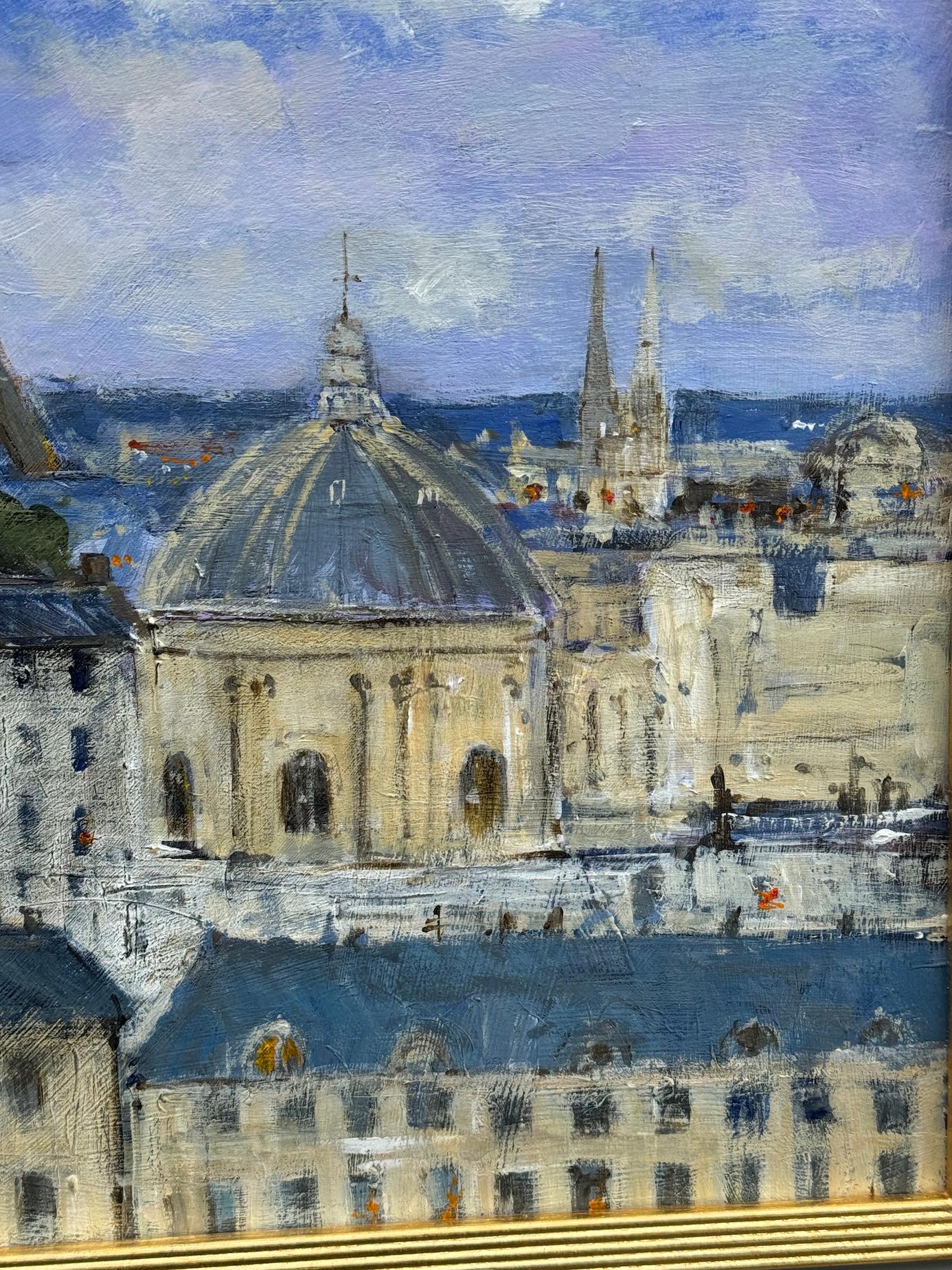 Vue de la ville impressionniste de Paris et de la Tour Eiffel et des toits - Impressionnisme Painting par Chalres Bertie Hall